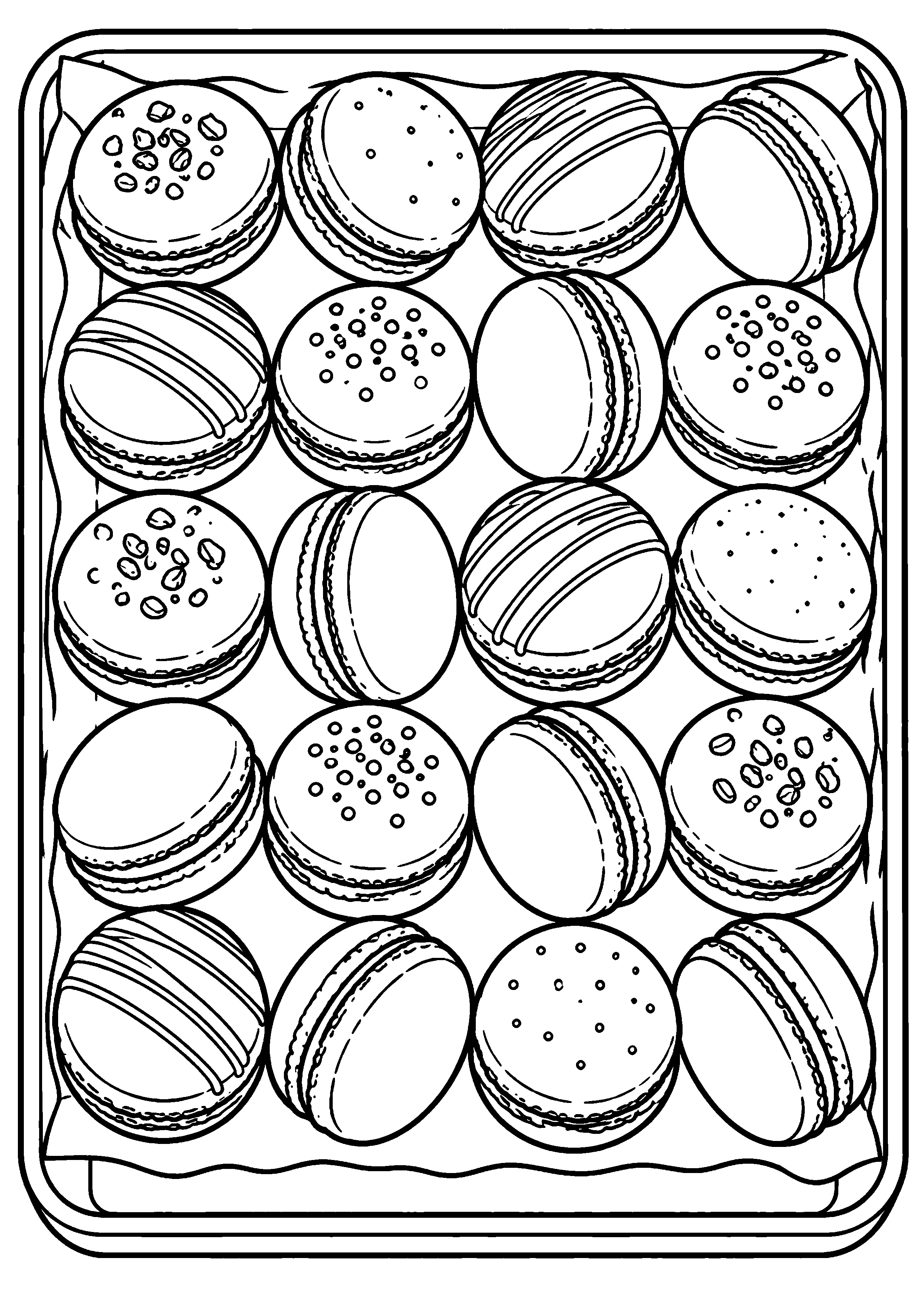 Grand coloriage d’un macaron dans une corbeille généreusement garnie, contours noirs nets sur fond blanc