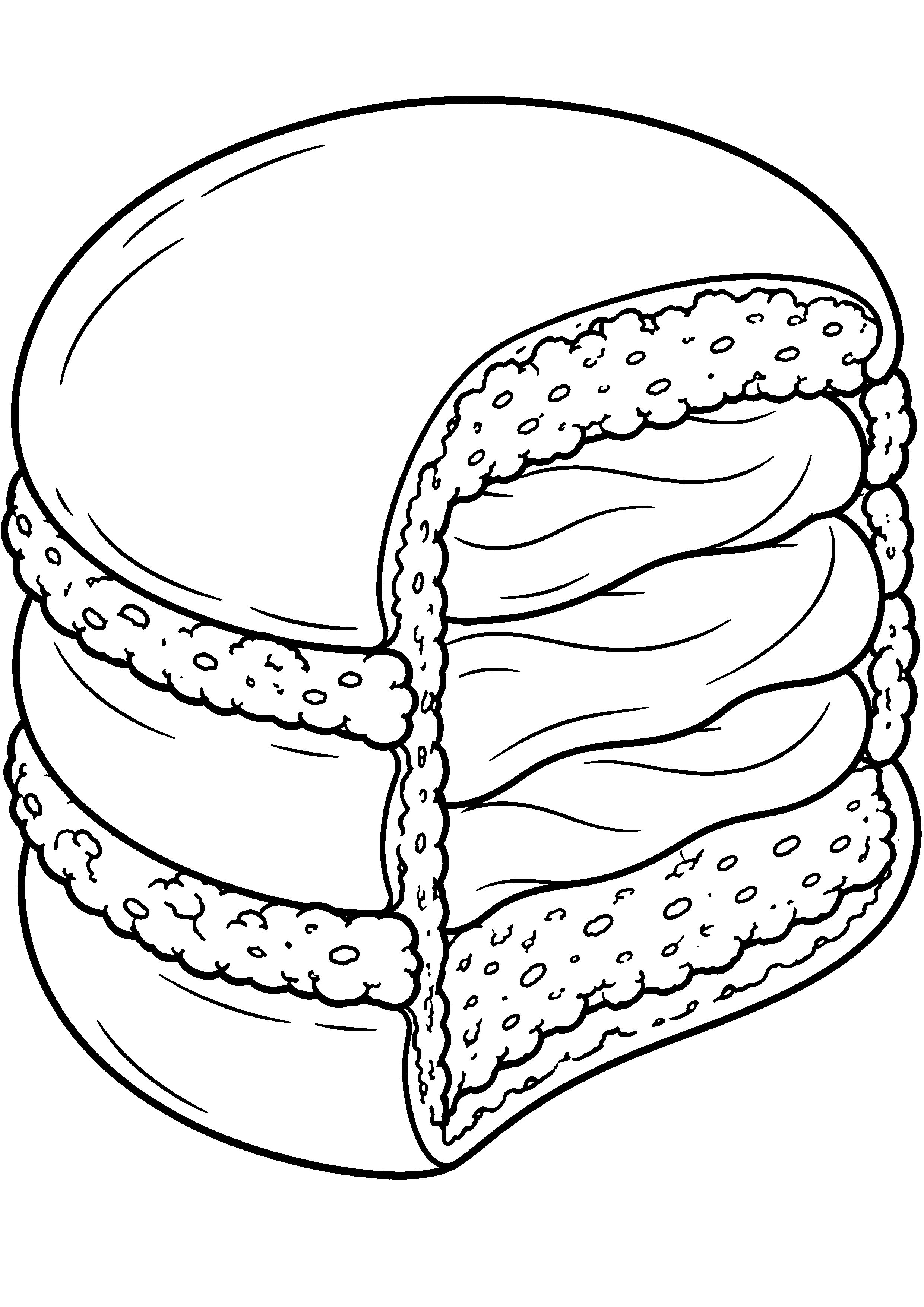 Grand coloriage d’un macaron sur une grande assiette, contours noirs nets sur fond blanc