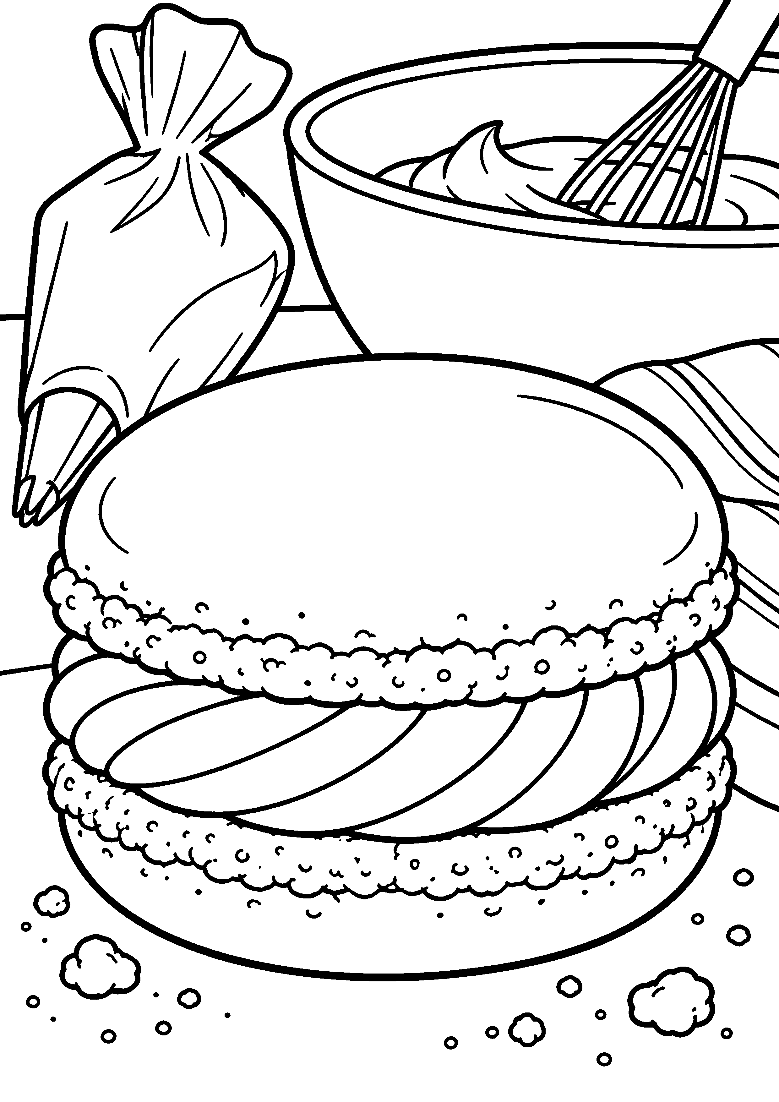Grand coloriage d’un macaron avec ses ingrédients principaux, contours noirs nets sur fond blanc
