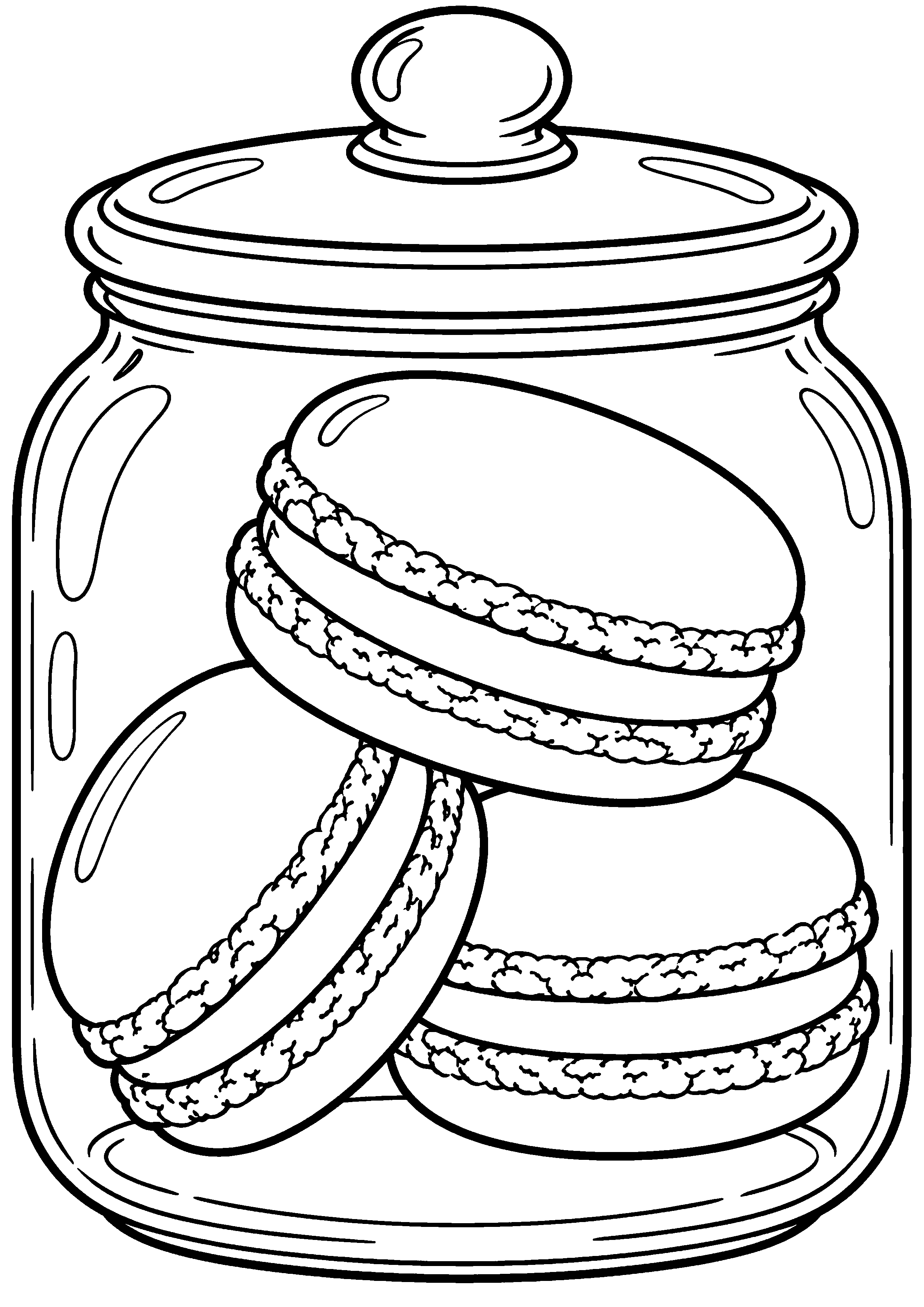 Grand coloriage d’un macaron sur une plaque de cuisson, contours noirs nets sur fond blanc