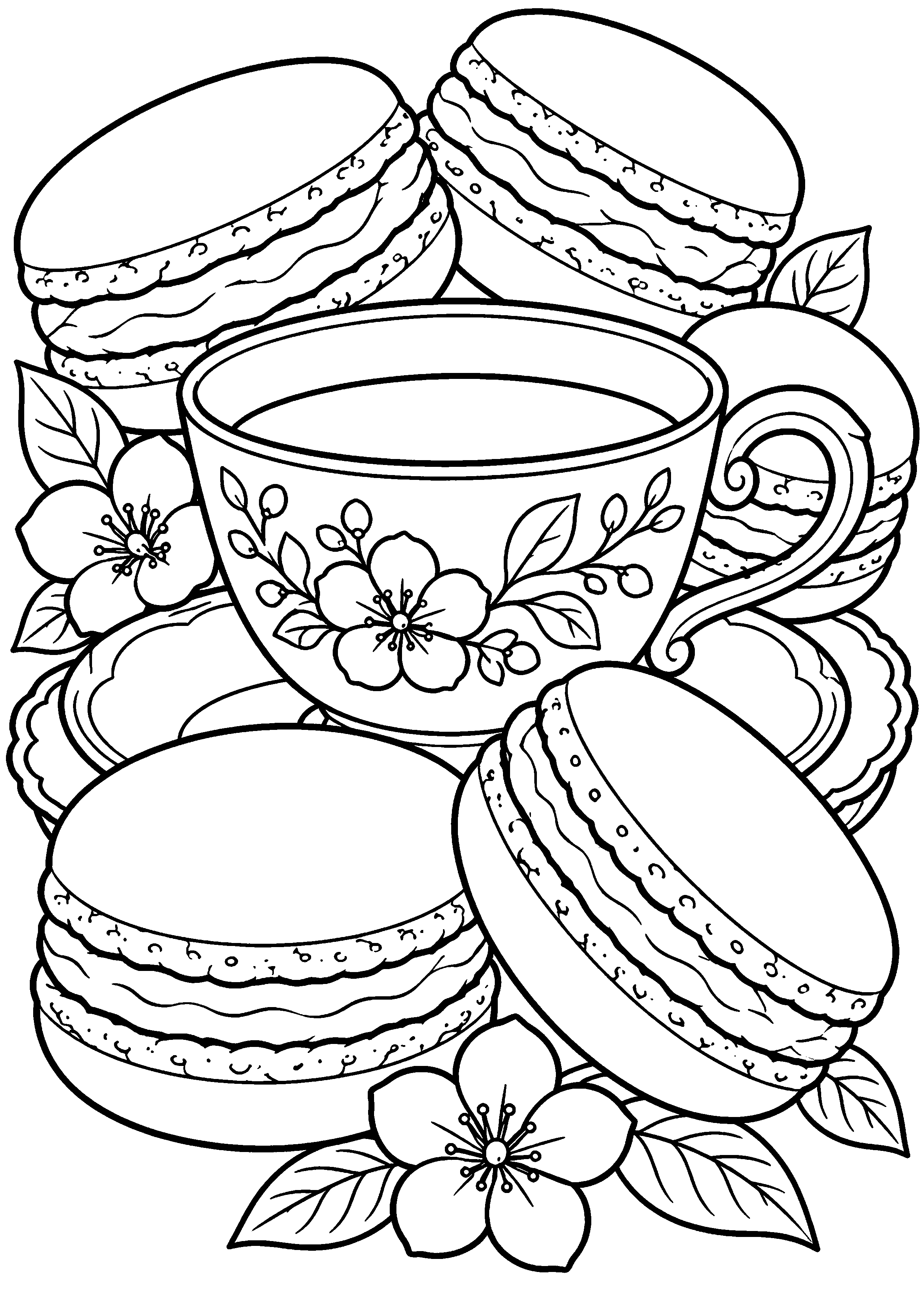 Grand coloriage d’un macaron présenté dans une main simplifiée, contours noirs nets sur fond blanc