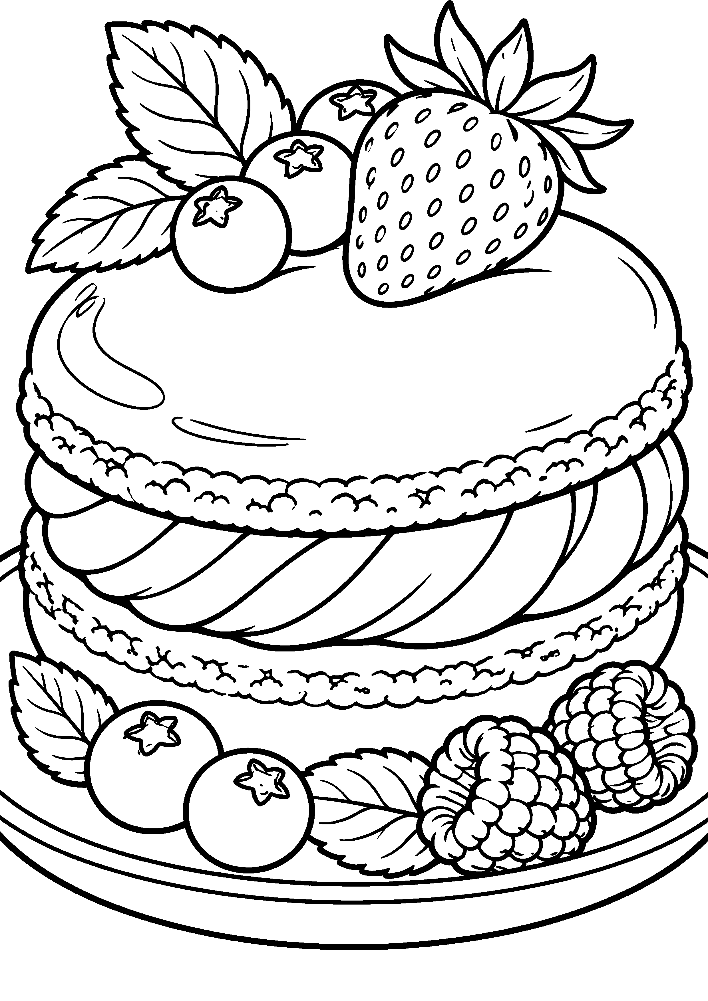 Grand coloriage d’un macaron en préparation dans une cuisine, contours noirs nets sur fond blanc
