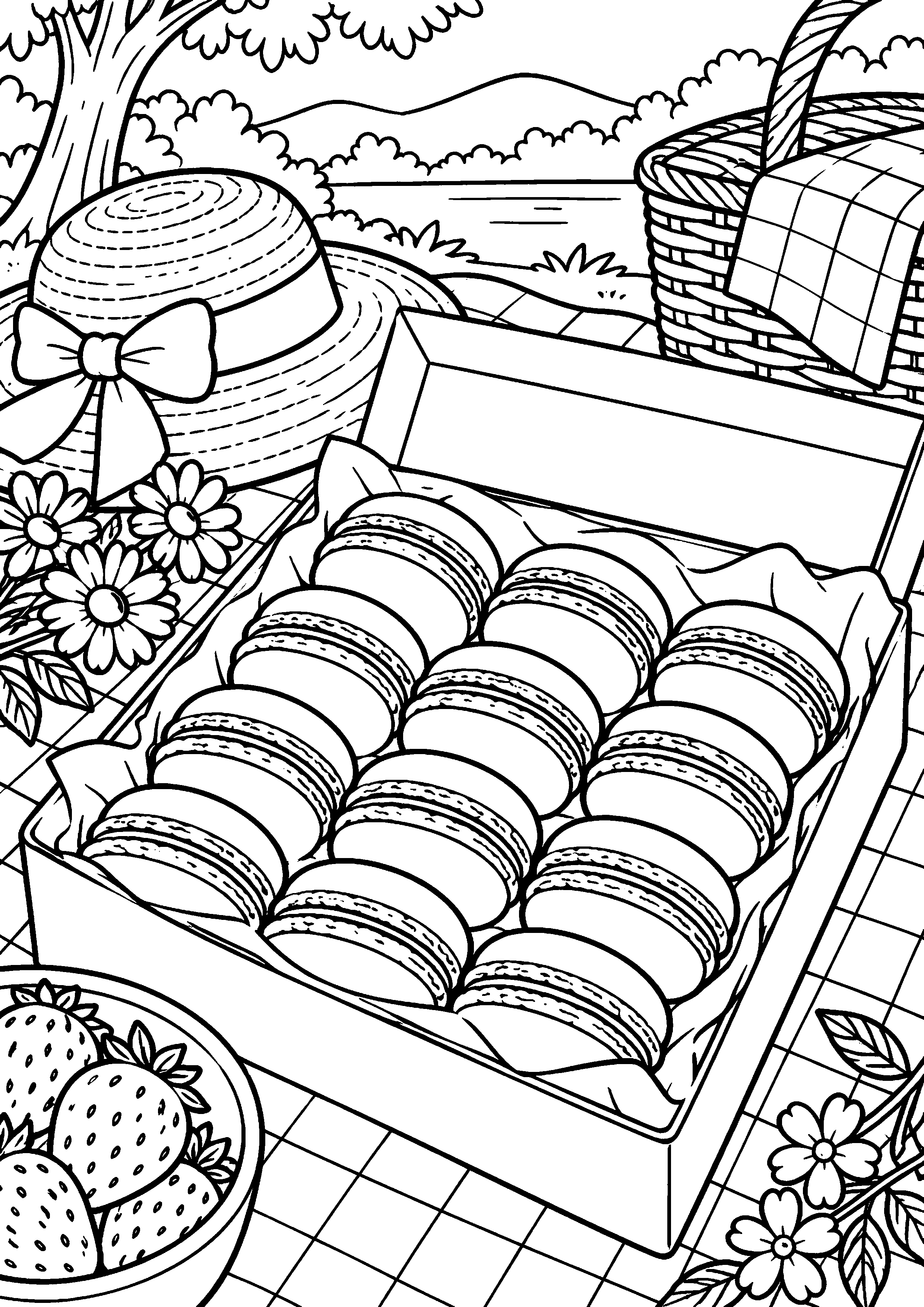 Grand coloriage d’un macaron entouré d’ingrédients de pâtisserie, contours noirs nets sur fond blanc