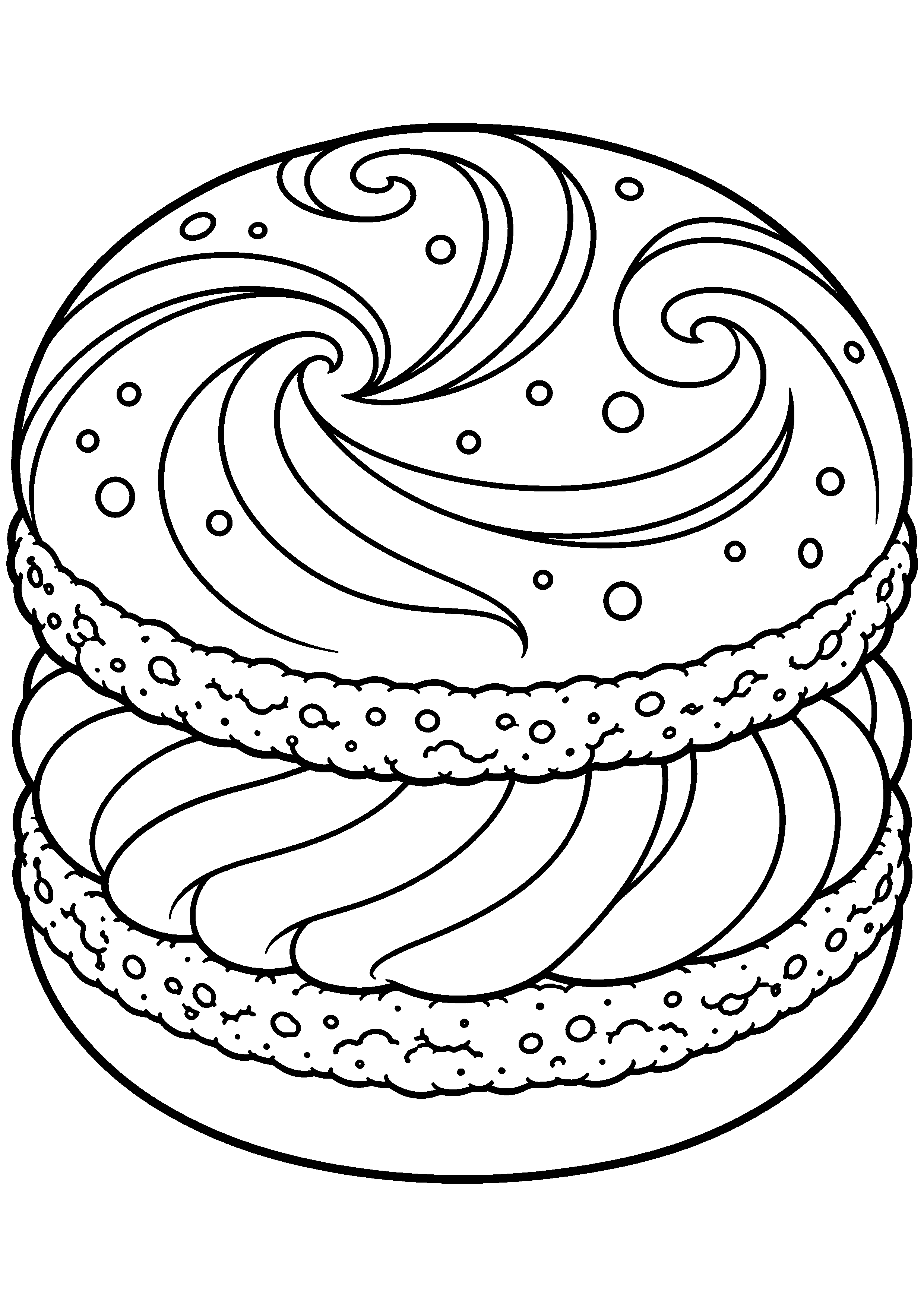Grand coloriage d’un macaron pendant une étape de dressage, contours noirs nets sur fond blanc