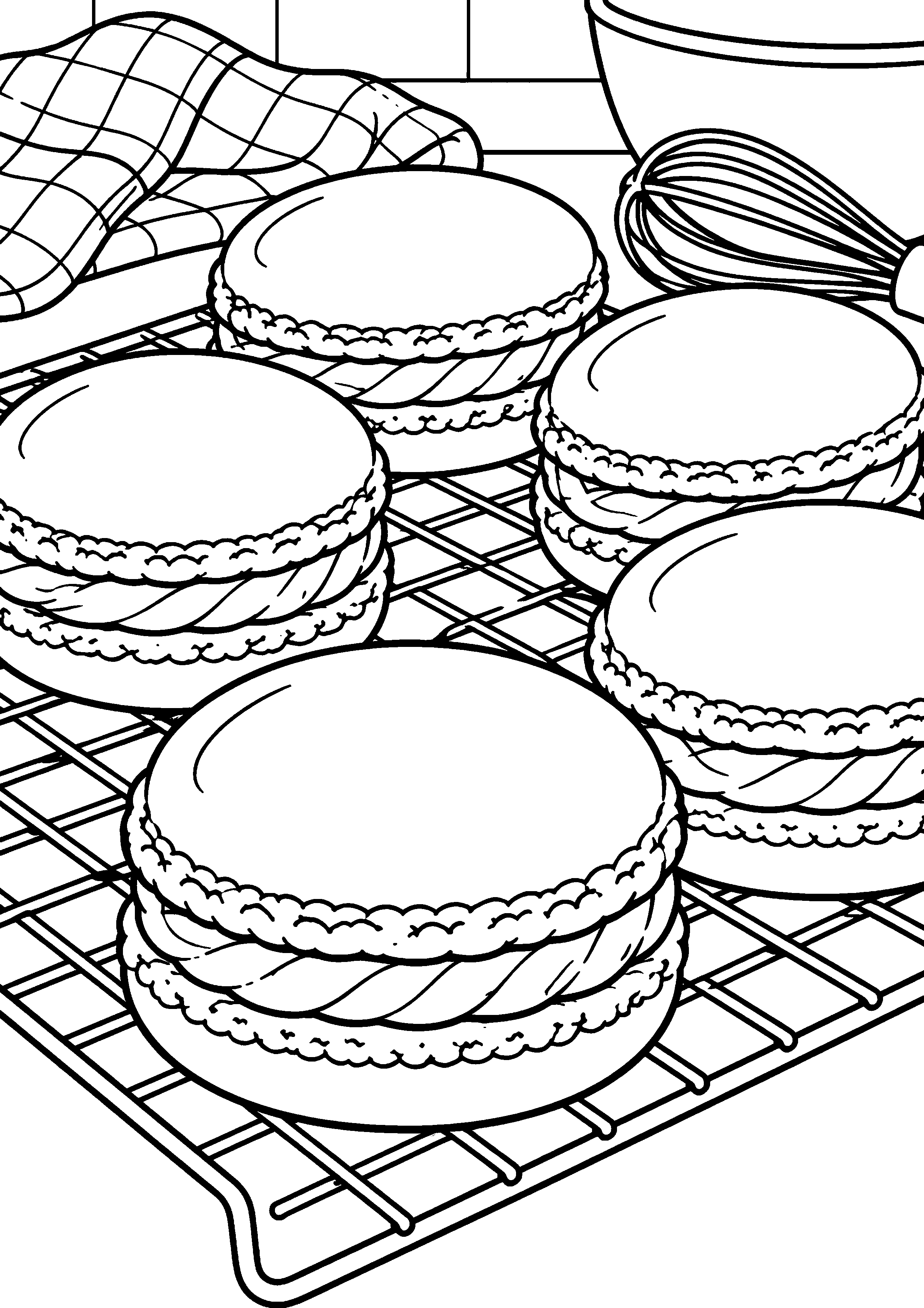 Grand coloriage d’un macaron en composition gourmande facile, contours noirs nets sur fond blanc