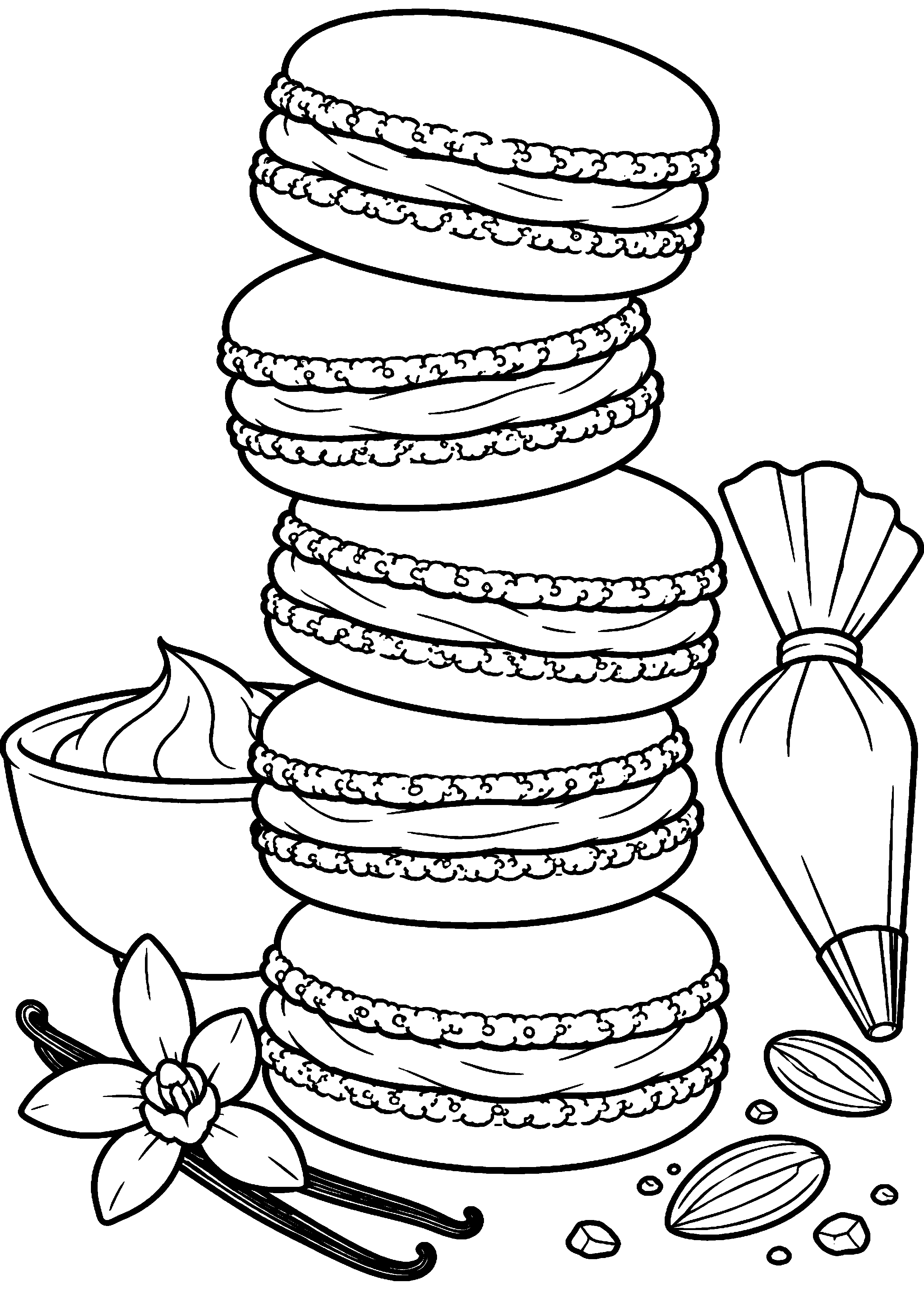 Grand coloriage d’un macaron en haute pile avec une poche à douille et une fleur, contours noirs nets sur fond blanc