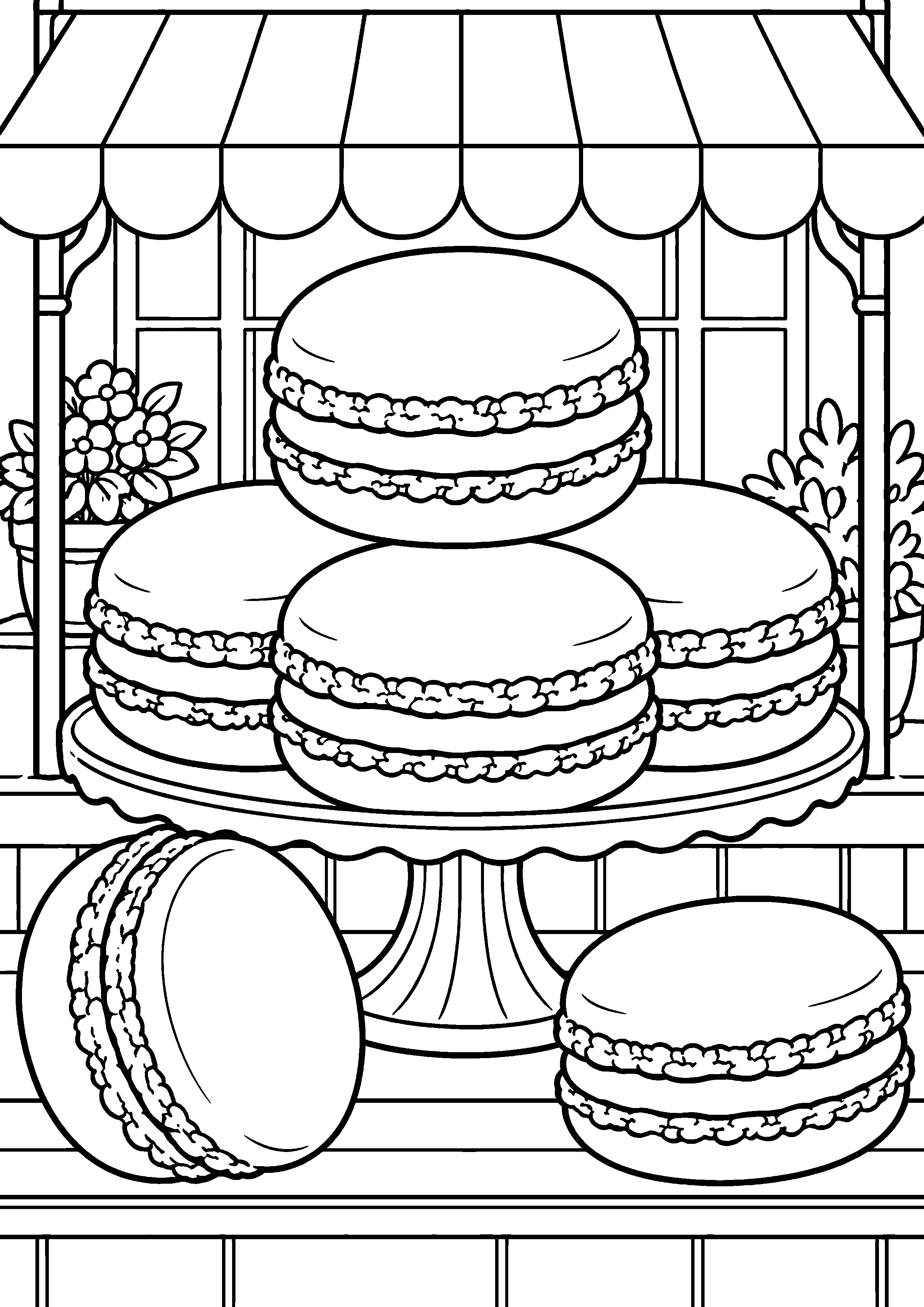 Grand coloriage d’un macaron dans un motif avec une grande pièce centrale, contours noirs nets sur fond blanc