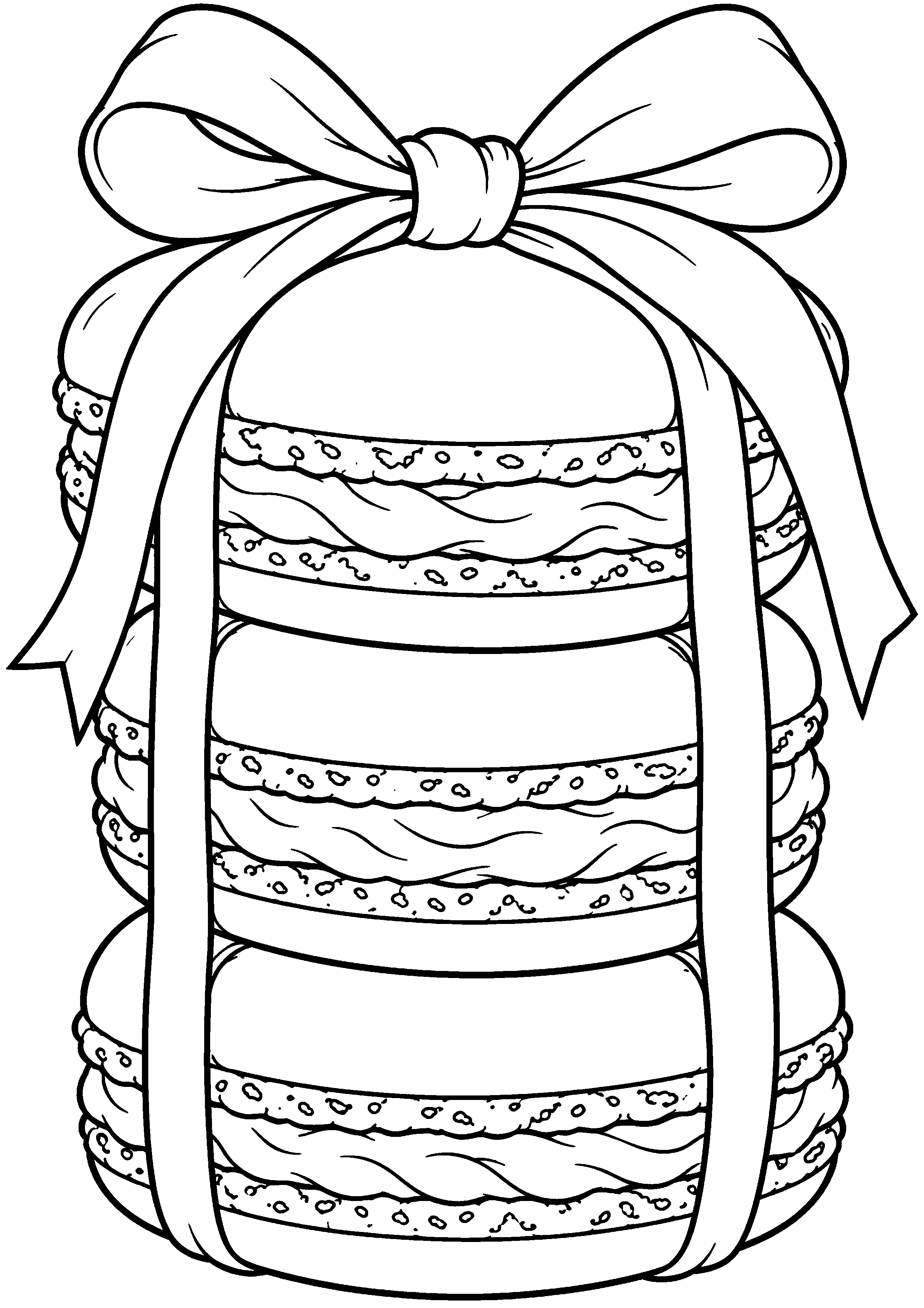 Grand coloriage d’un macaron entouré d’une couronne décorative, contours noirs nets sur fond blanc