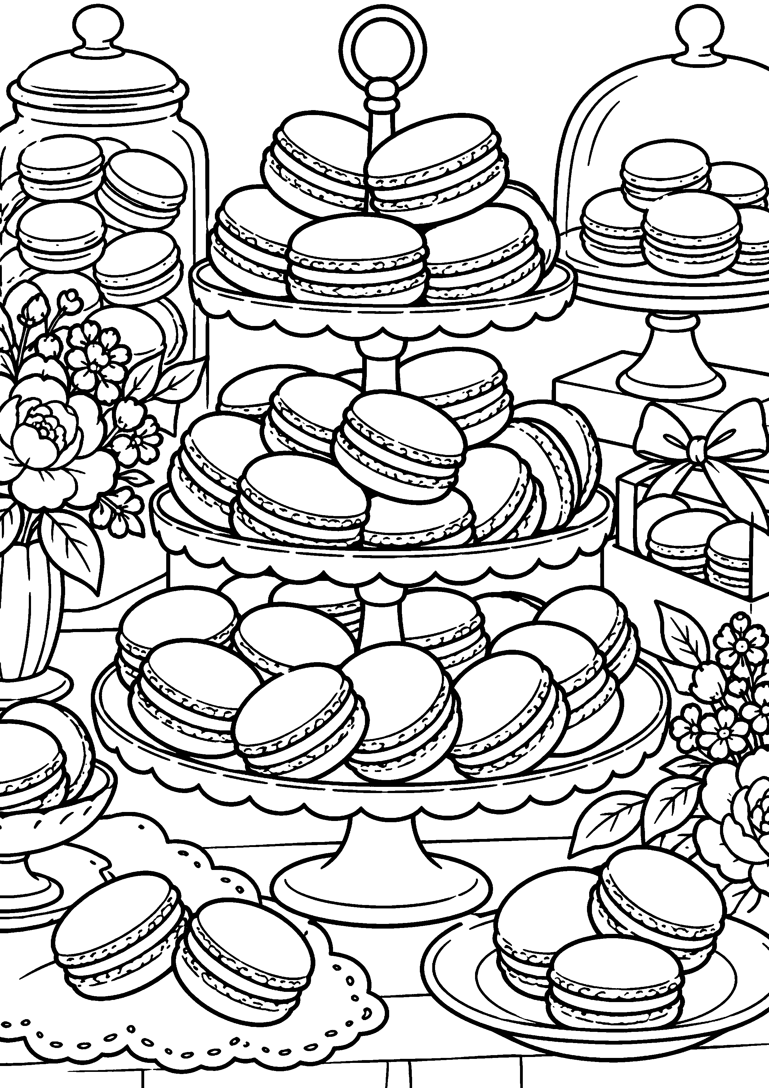 Grand coloriage d’un macaron dans une scène de pique-nique, contours noirs nets sur fond blanc