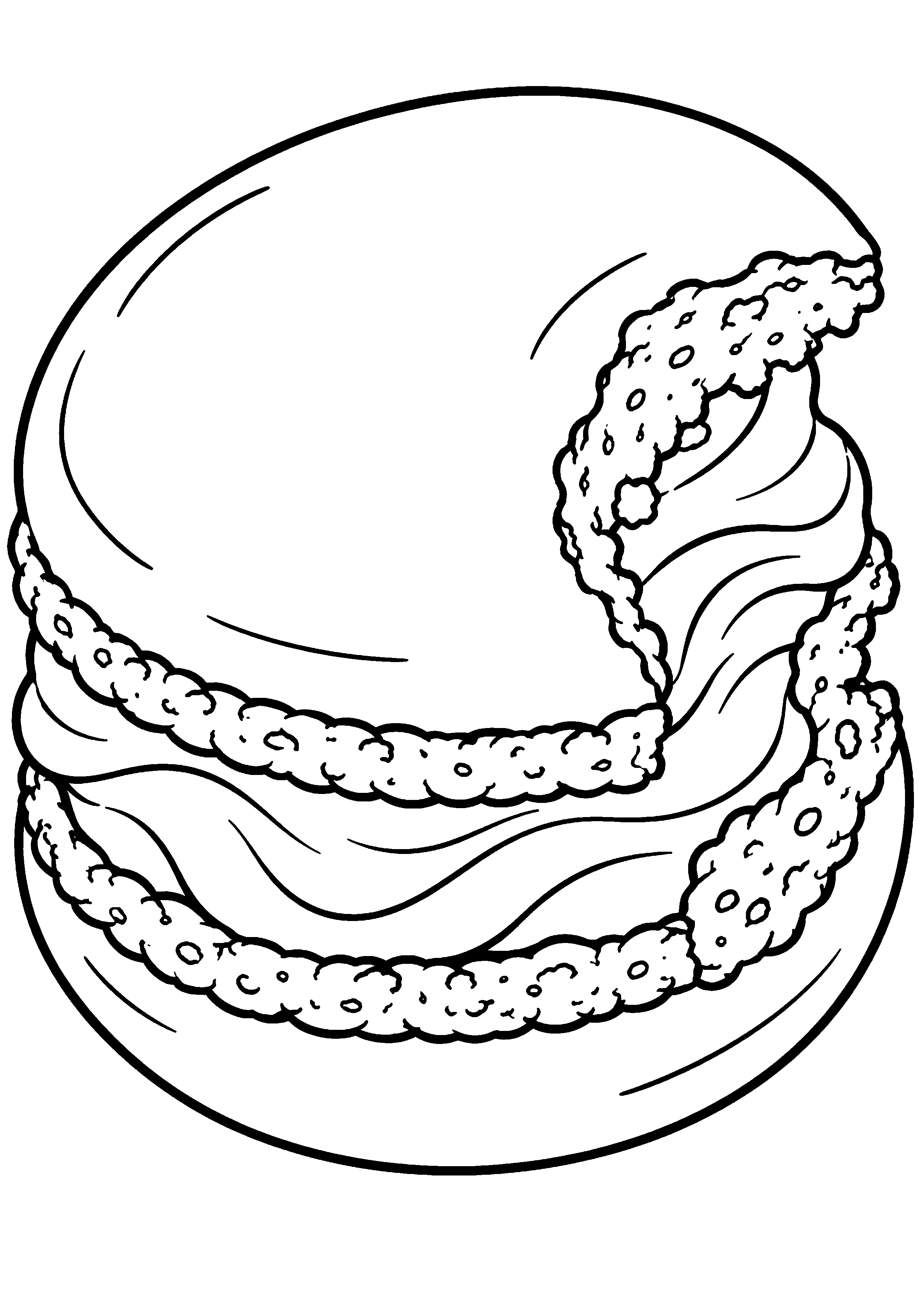 Grand coloriage d’un macaron sur une nappe à carreaux, contours noirs nets sur fond blanc