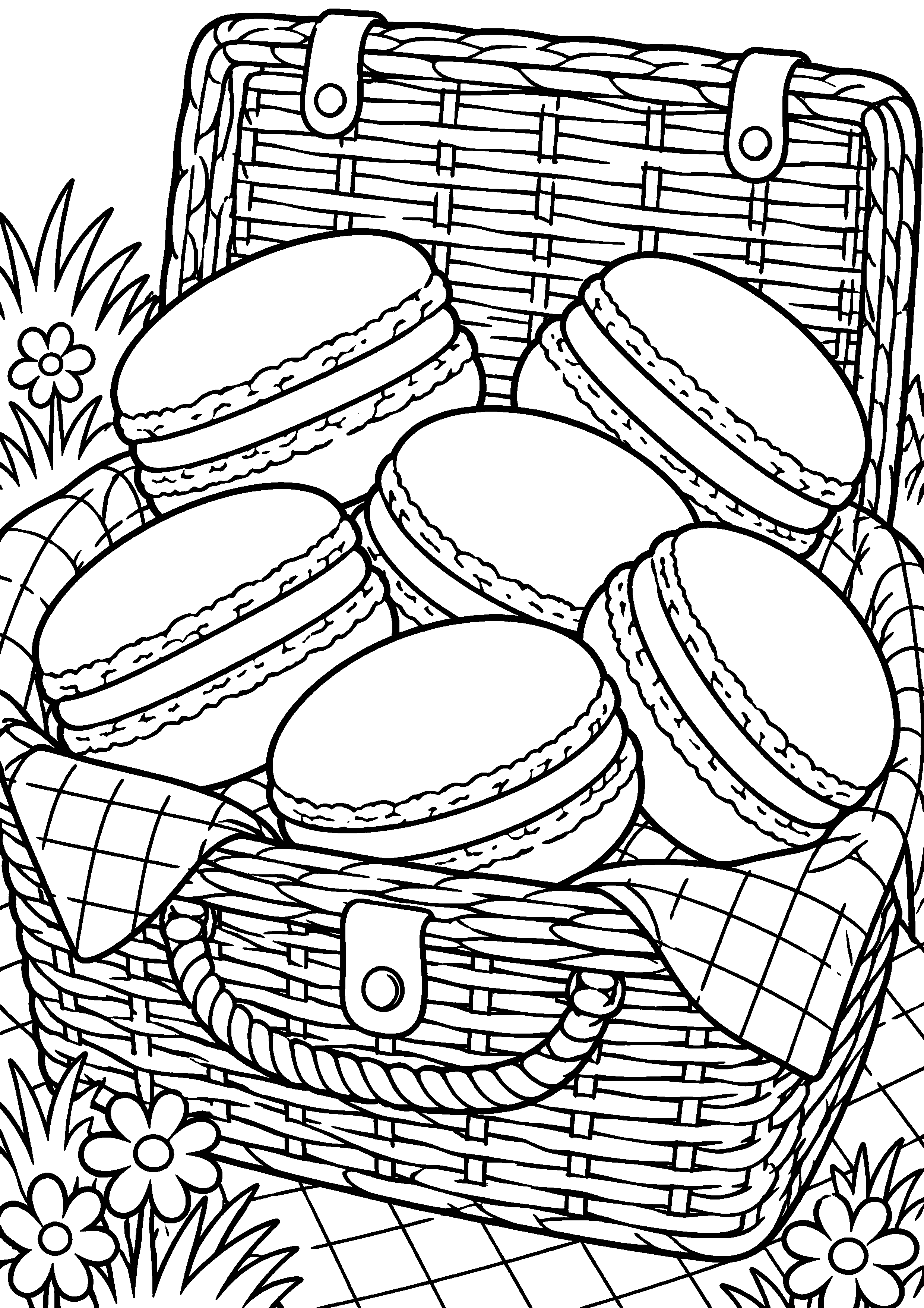 Grand coloriage d’un macaron dans un grand bol de service, contours noirs nets sur fond blanc