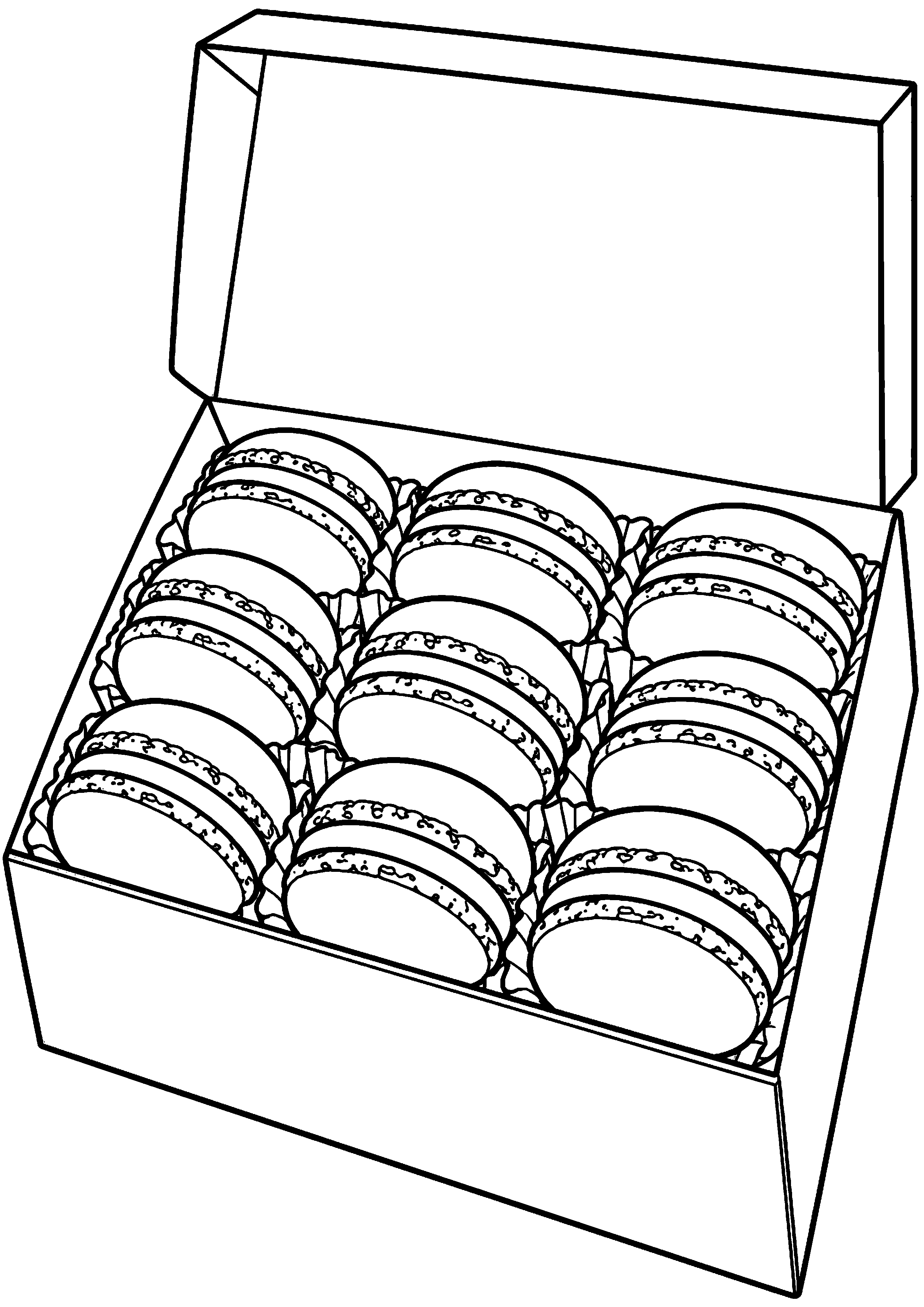 Grand coloriage d’un macaron présenté dans une boîte ouverte avec onze autres macarons, contours noirs nets sur fond blanc