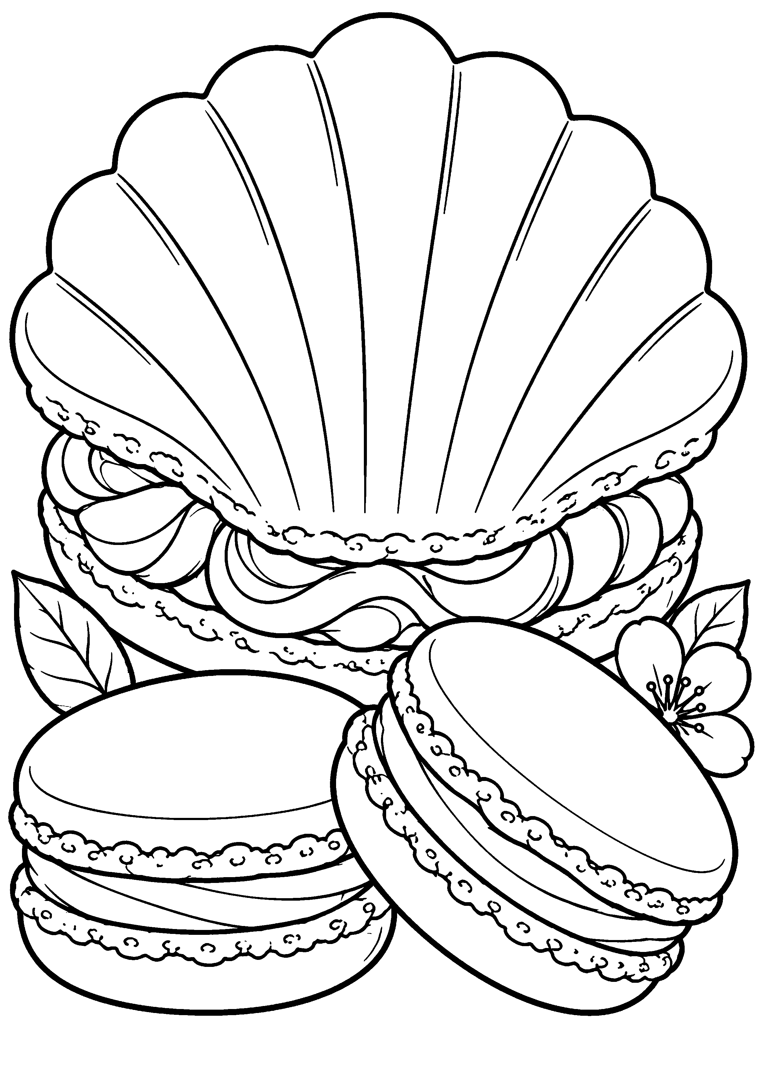 Grand coloriage d’un macaron avec des ustensiles de pâtisserie, contours noirs nets sur fond blanc