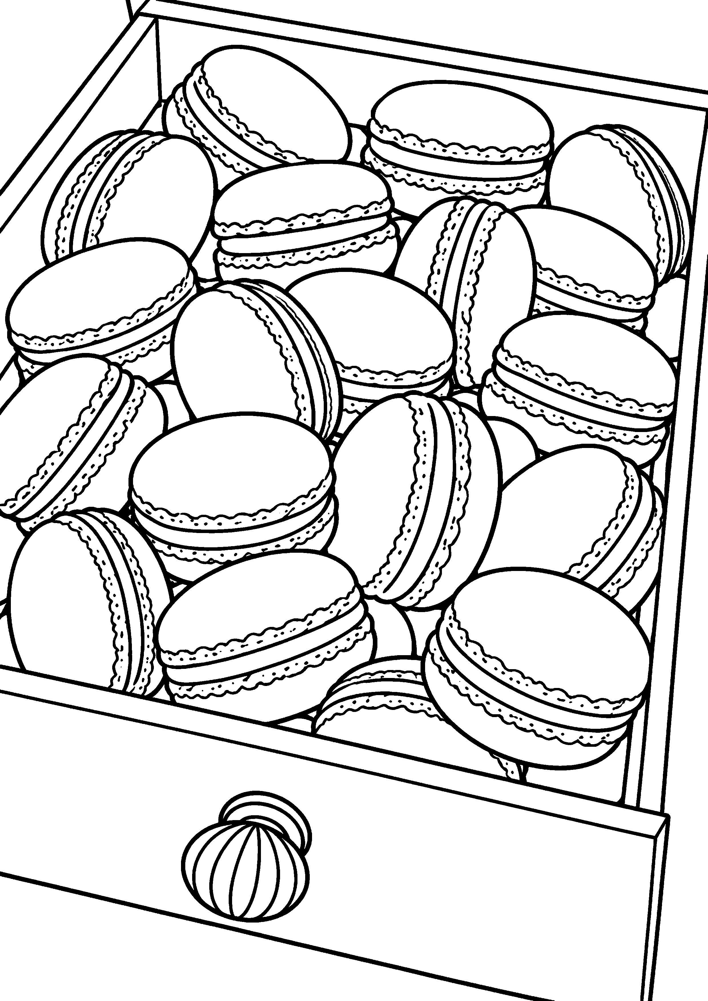 Grand coloriage d’un macaron dans un emballage neutre ouvert, contours noirs nets sur fond blanc