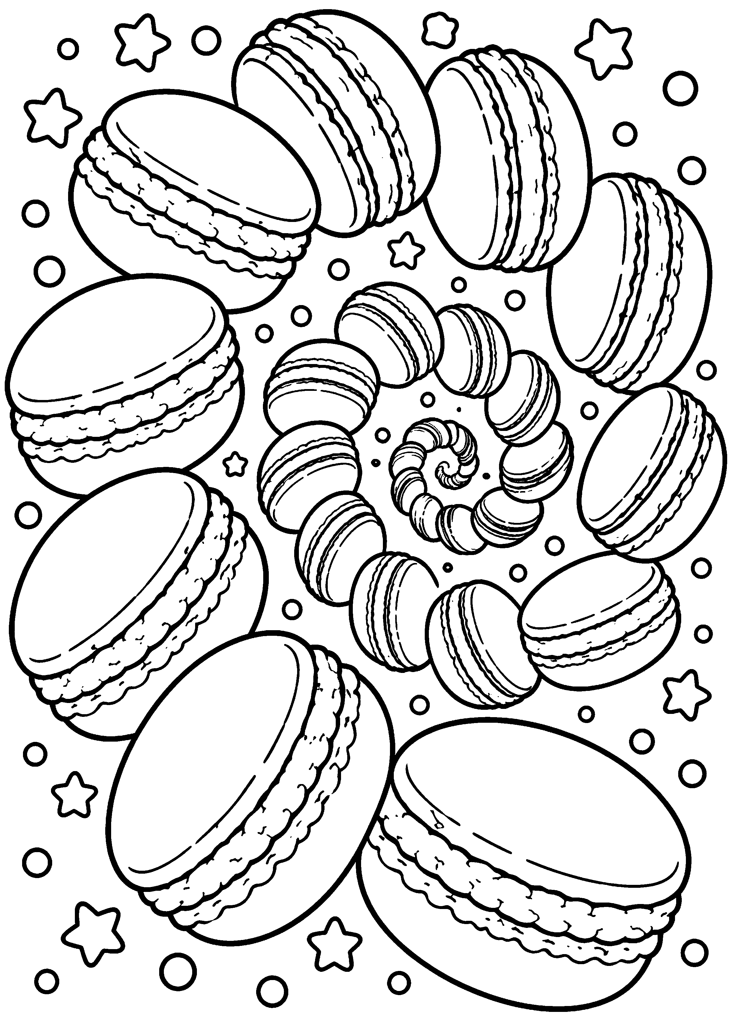 Grand coloriage d’un macaron en version facile aux grandes zones, contours noirs nets sur fond blanc