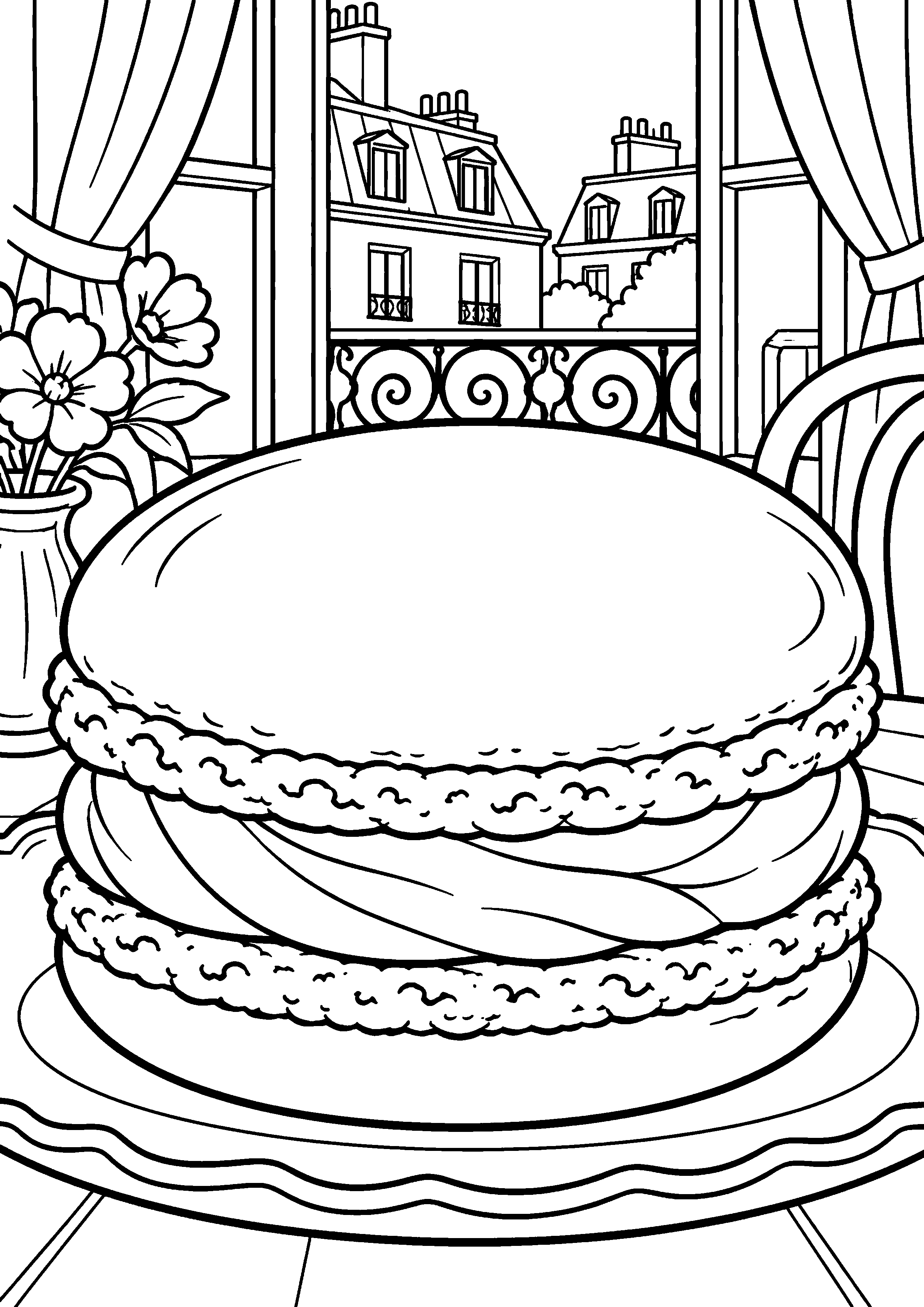 Grand coloriage d’un macaron en version moyenne avec quelques détails, contours noirs nets sur fond blanc