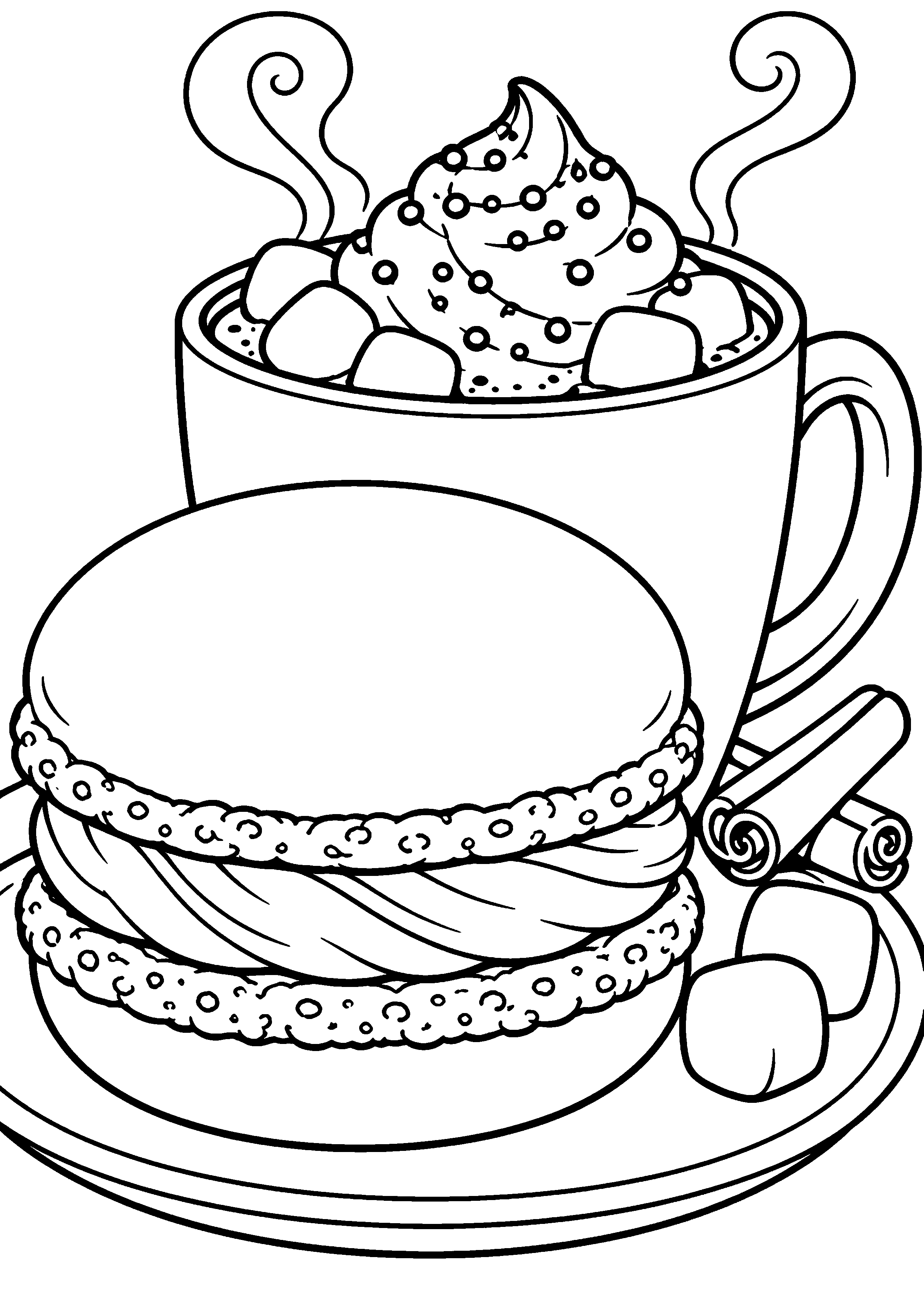 Grand coloriage d’un macaron en version détaillée avec textures linéaires, contours noirs nets sur fond blanc