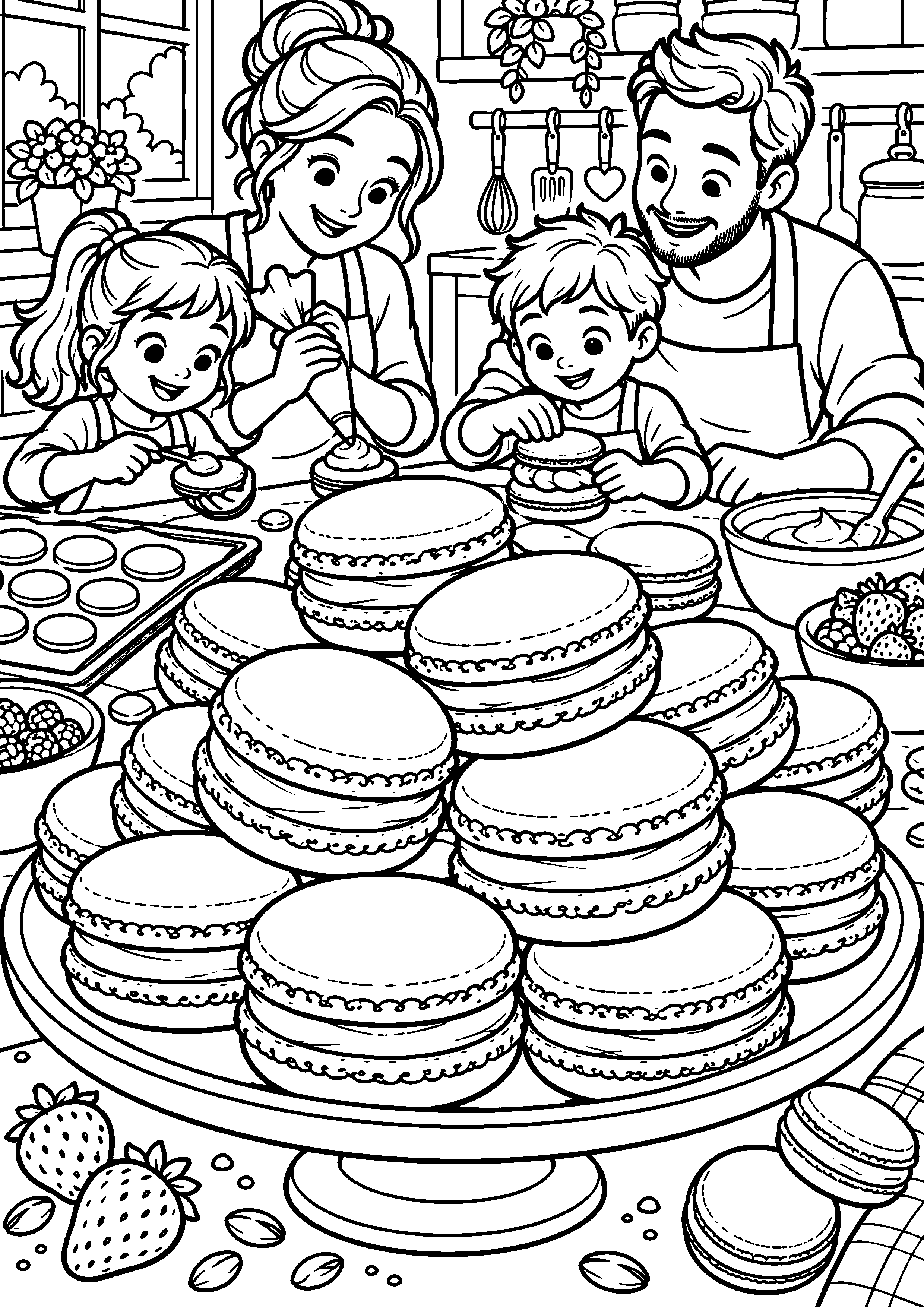 Grand coloriage d’un macaron dans une composition symétrique, contours noirs nets sur fond blanc