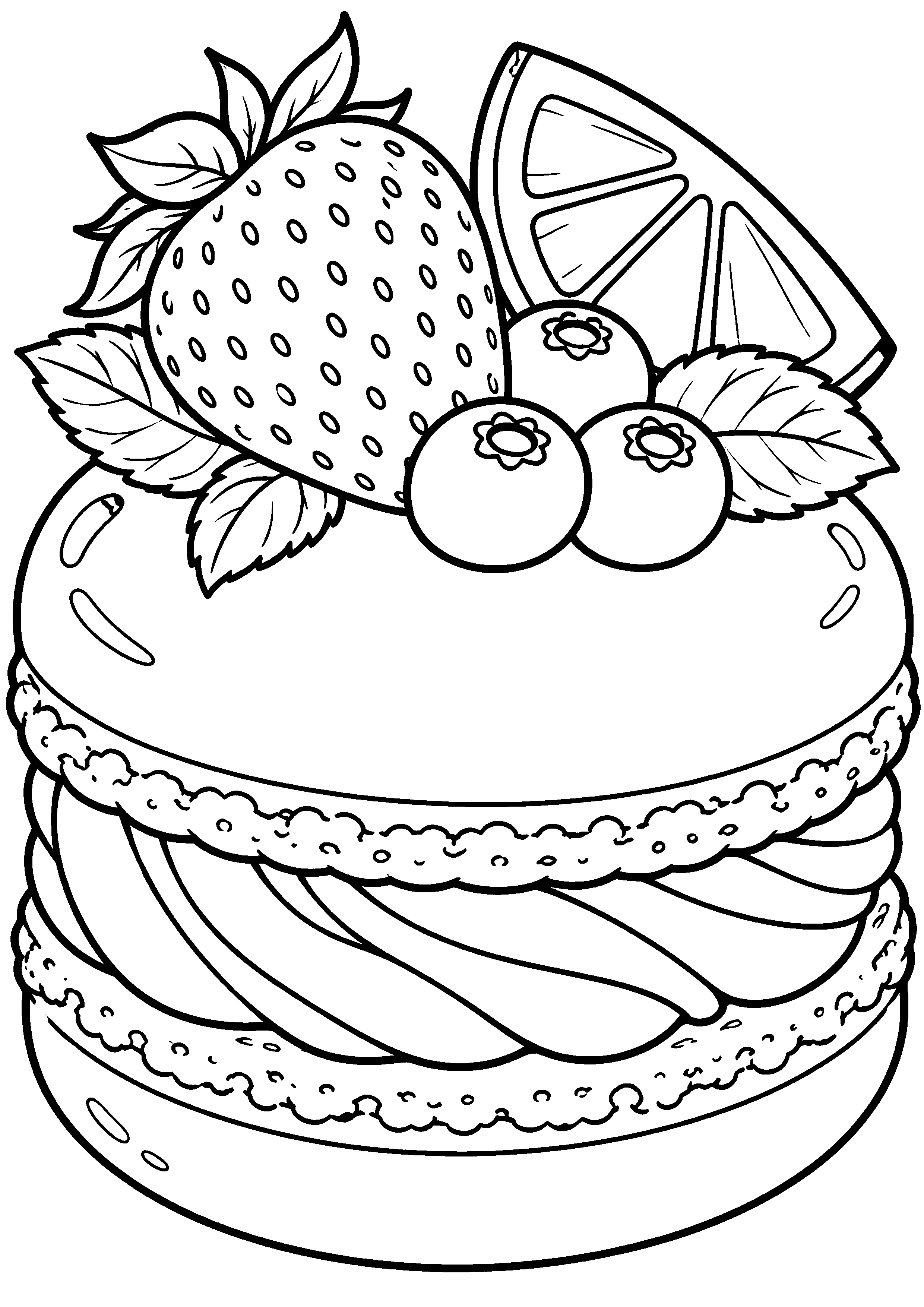 Grand coloriage d’un macaron dans une composition dynamique en diagonale, contours noirs nets sur fond blanc