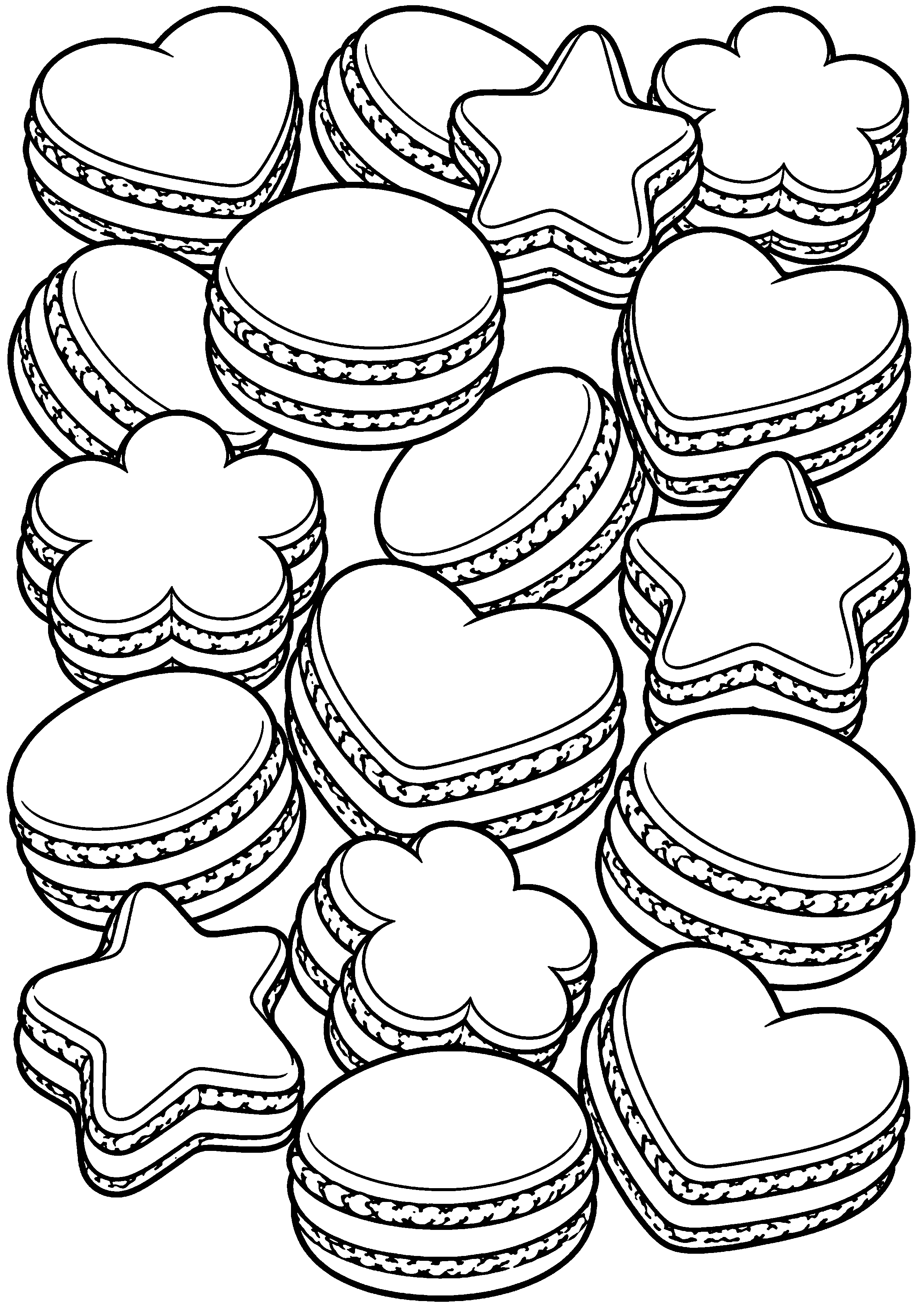 Grand coloriage d’un macaron dans une grande composition festive, contours noirs nets sur fond blanc