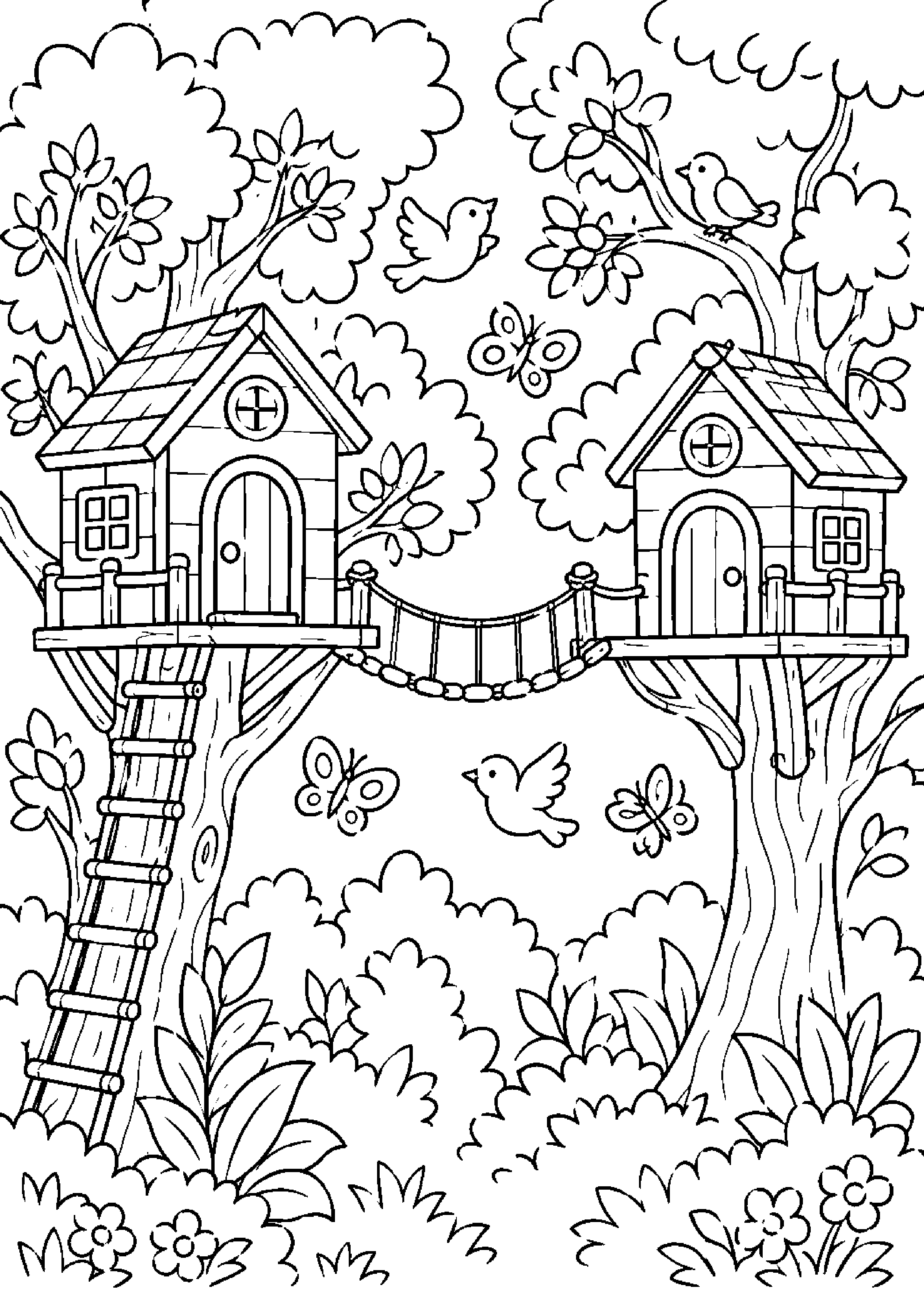 Coloriage maison dans les arbres à imprimer – dessin n°3