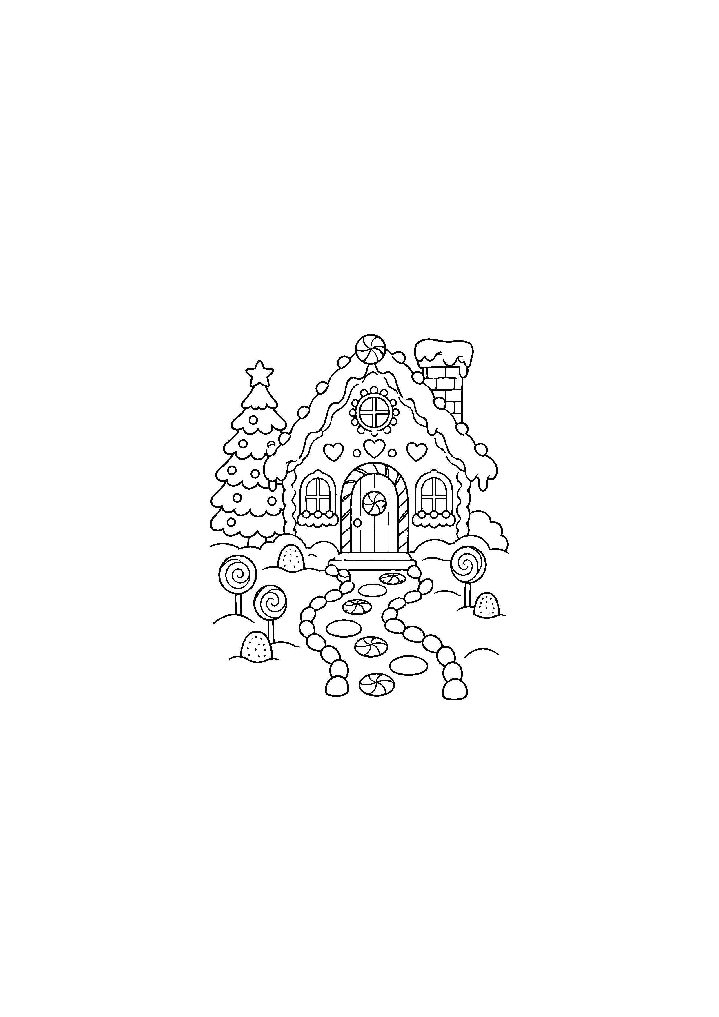 Coloriage Maison enneigée avec sapin et chemin de bonbons à imprimer