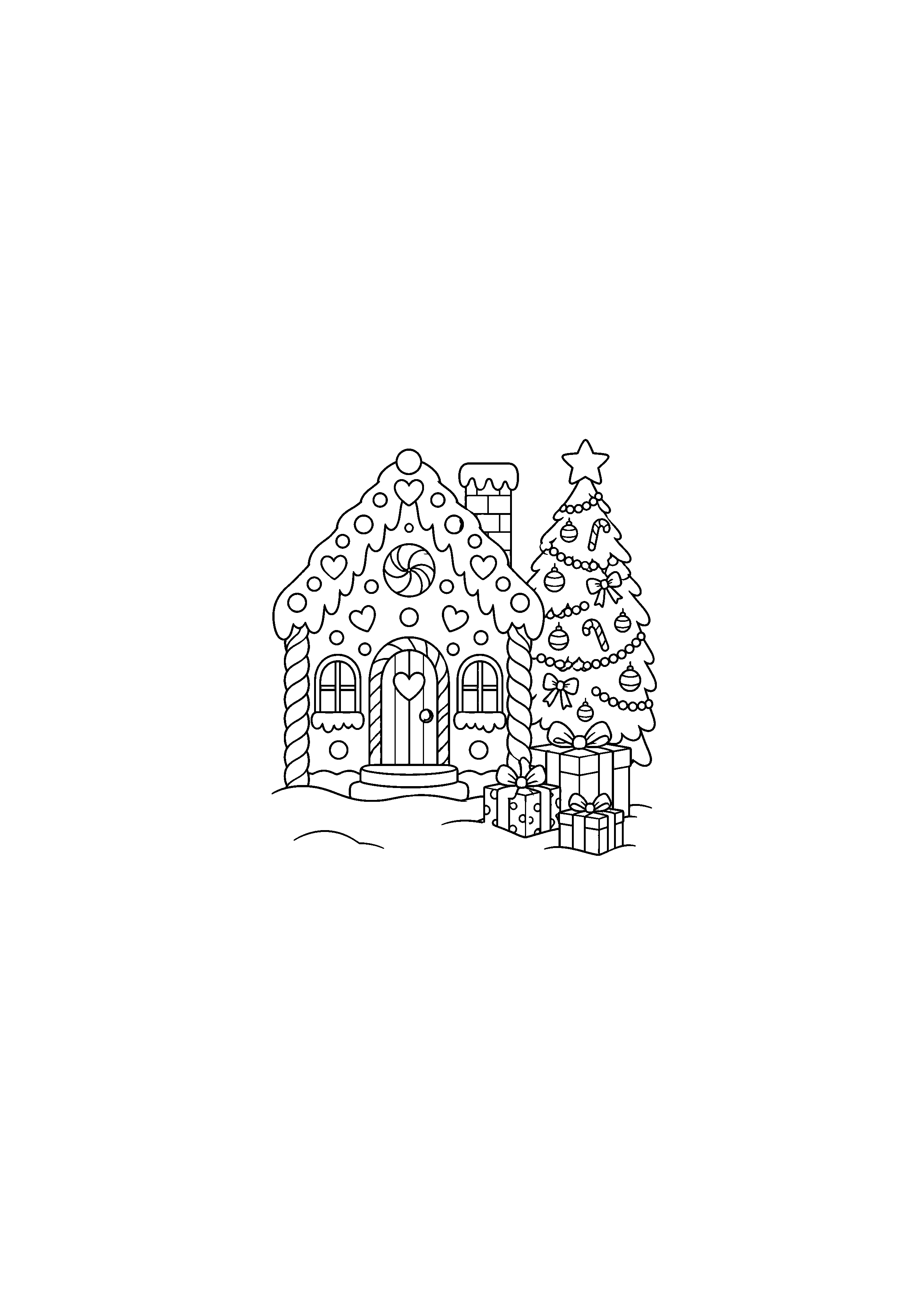 Coloriage Maison avec sapin décoré et cadeaux de Noël à imprimer gratuitement