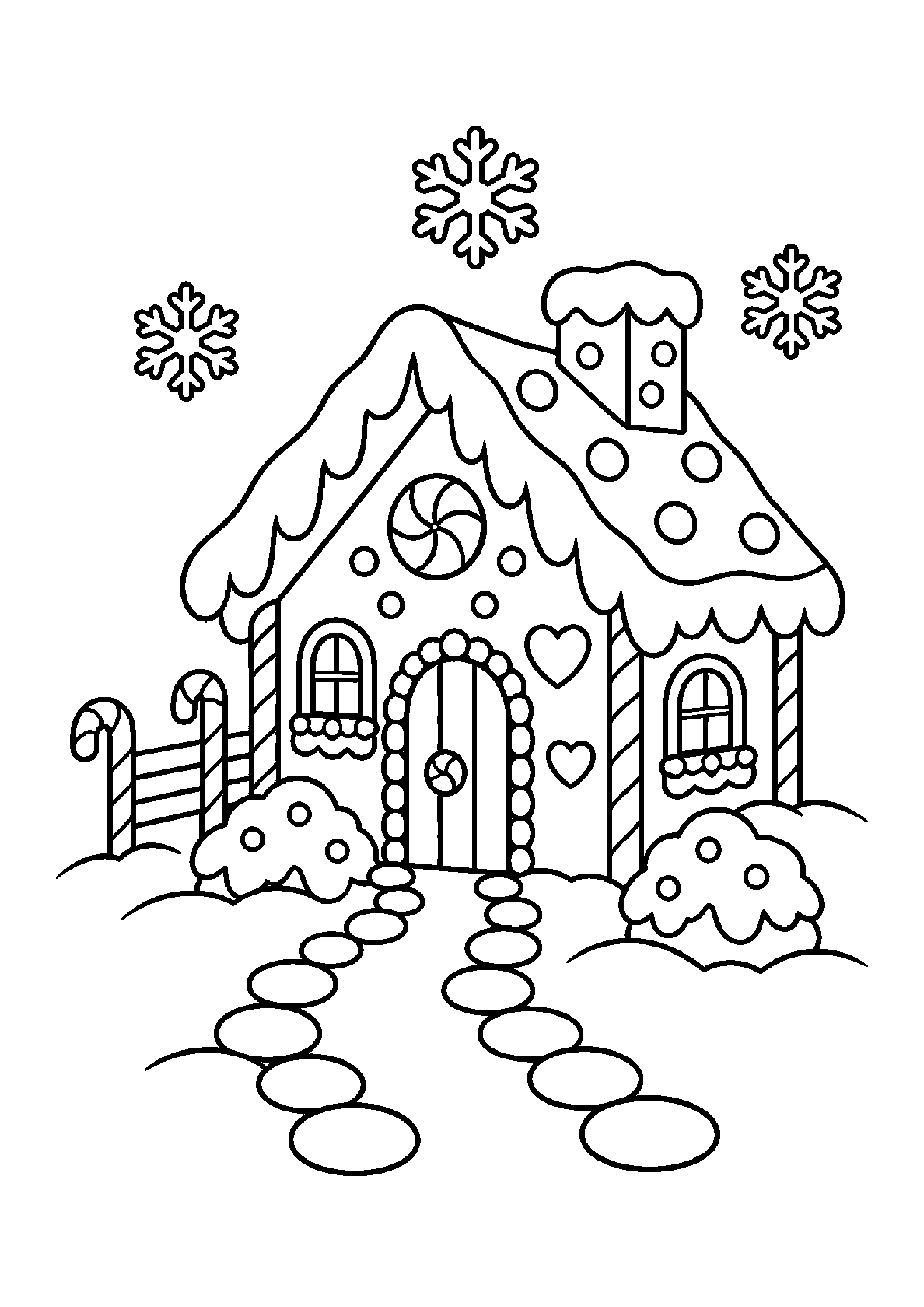 Coloriage Petite maison en pain d'épice enneigée avec chemin de bonbons de Noël à imprimer gratuitement