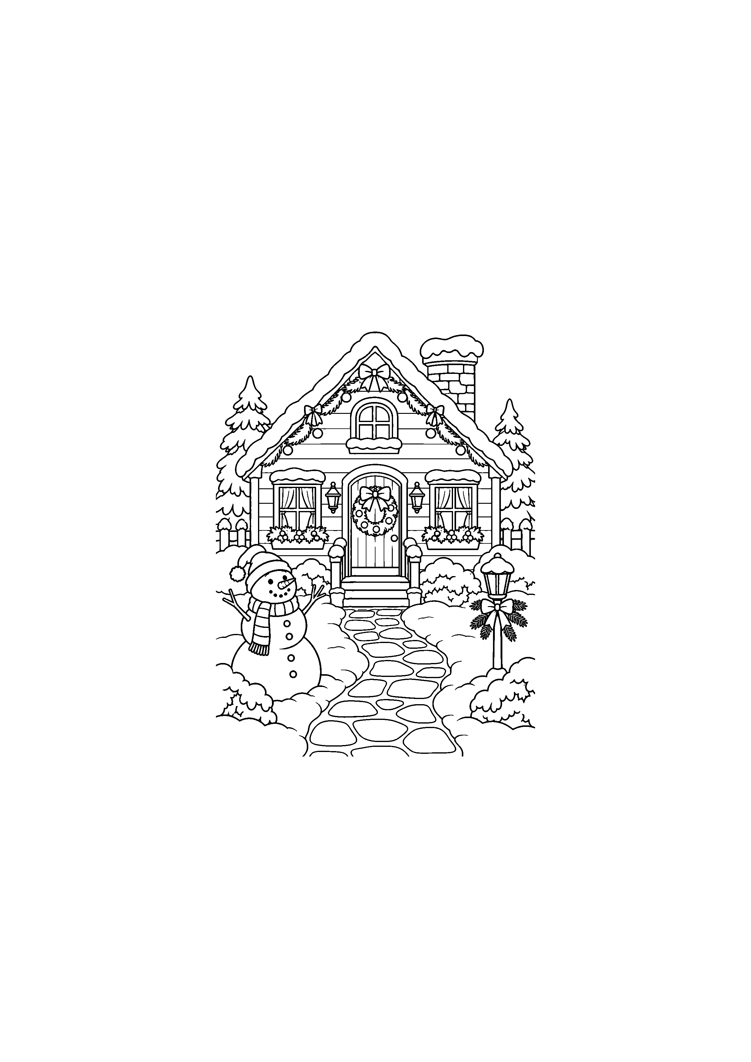 Coloriage Mini village gourmand de trois maisons de Noël à imprimer gratuitement