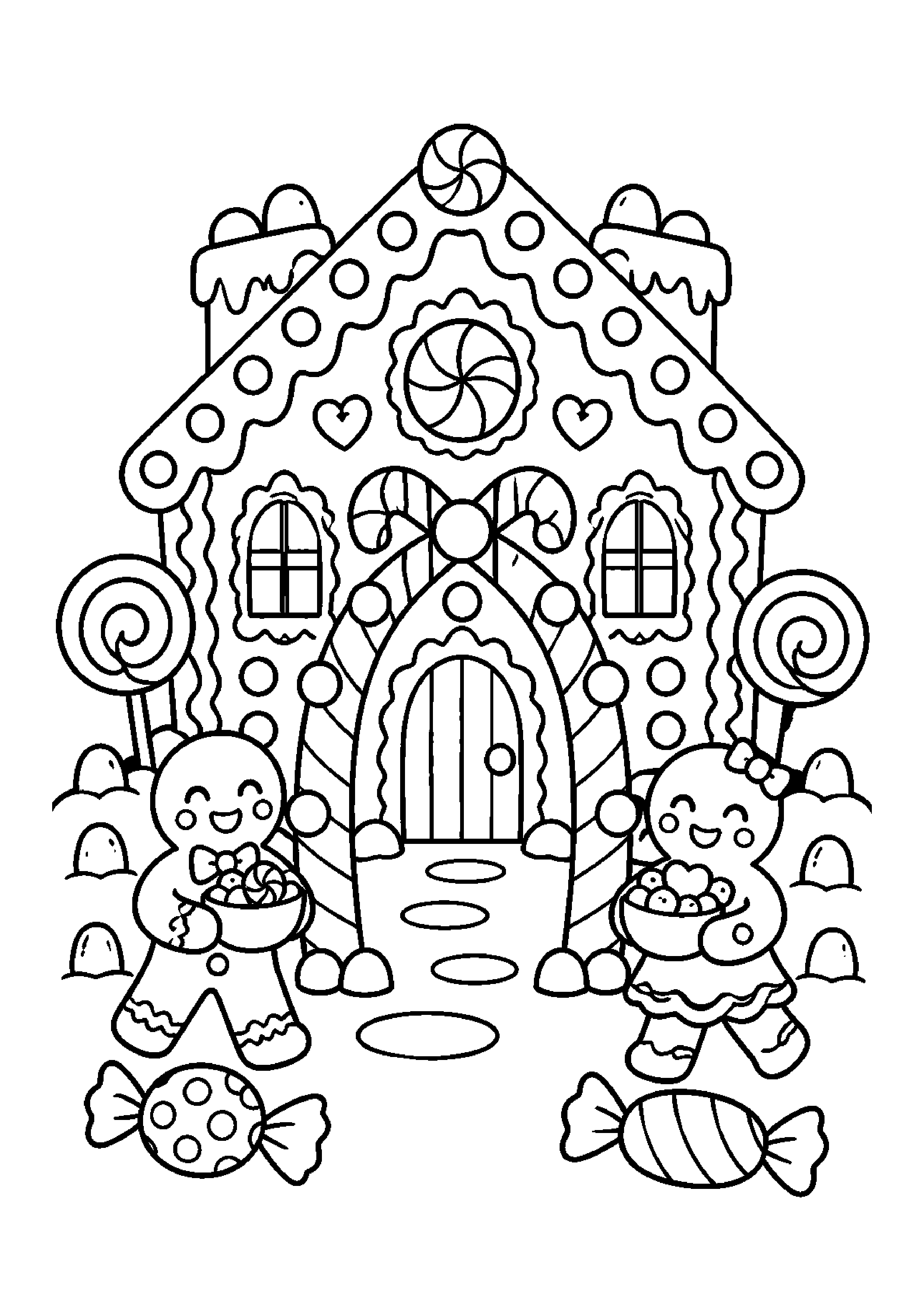 Coloriage Maison gourmande avec arche de sucres d'orge et personnages biscuits de Noël à imprimer gratuitement