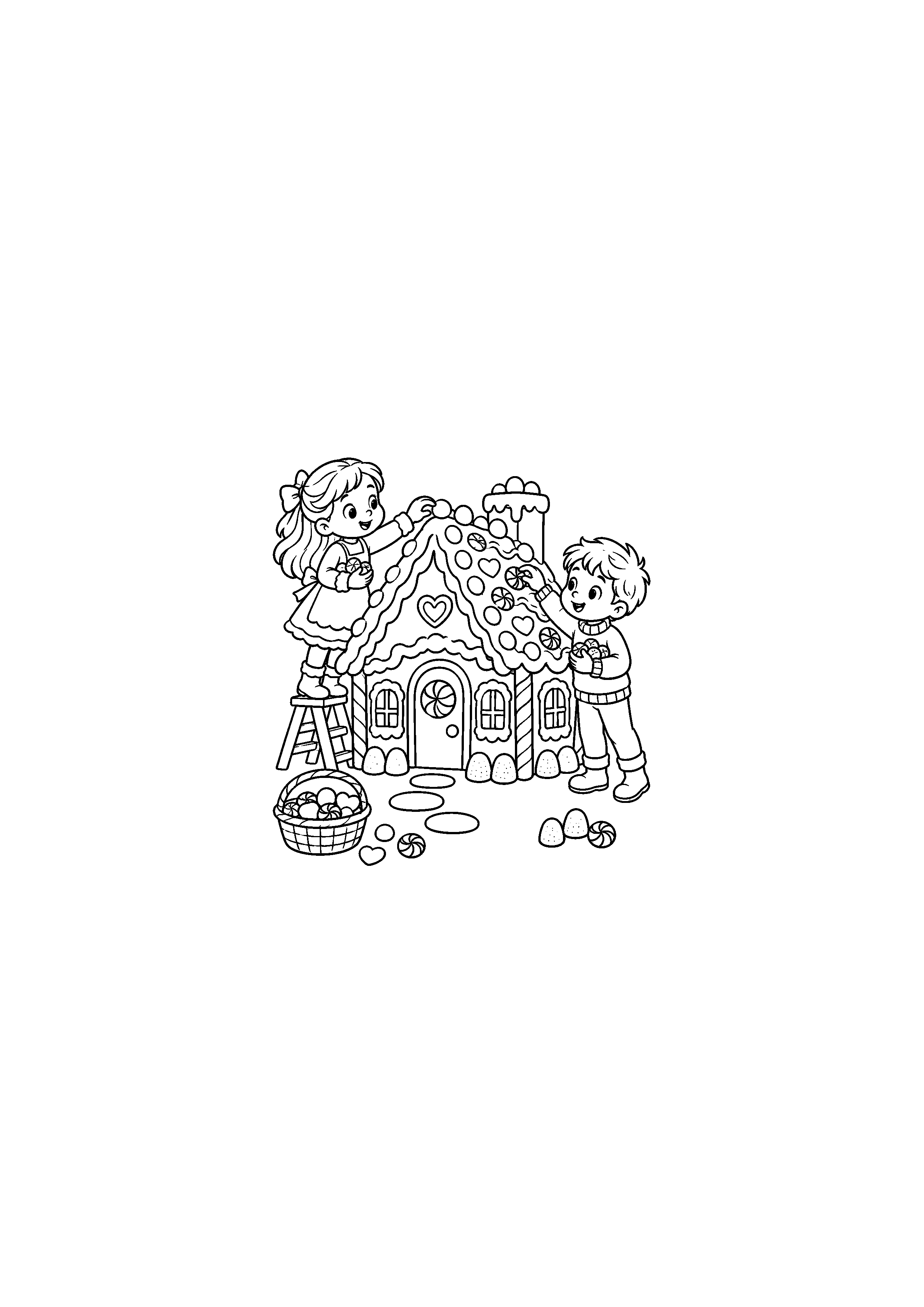 Coloriage Maison décorée par deux enfants de Noël à imprimer gratuitement