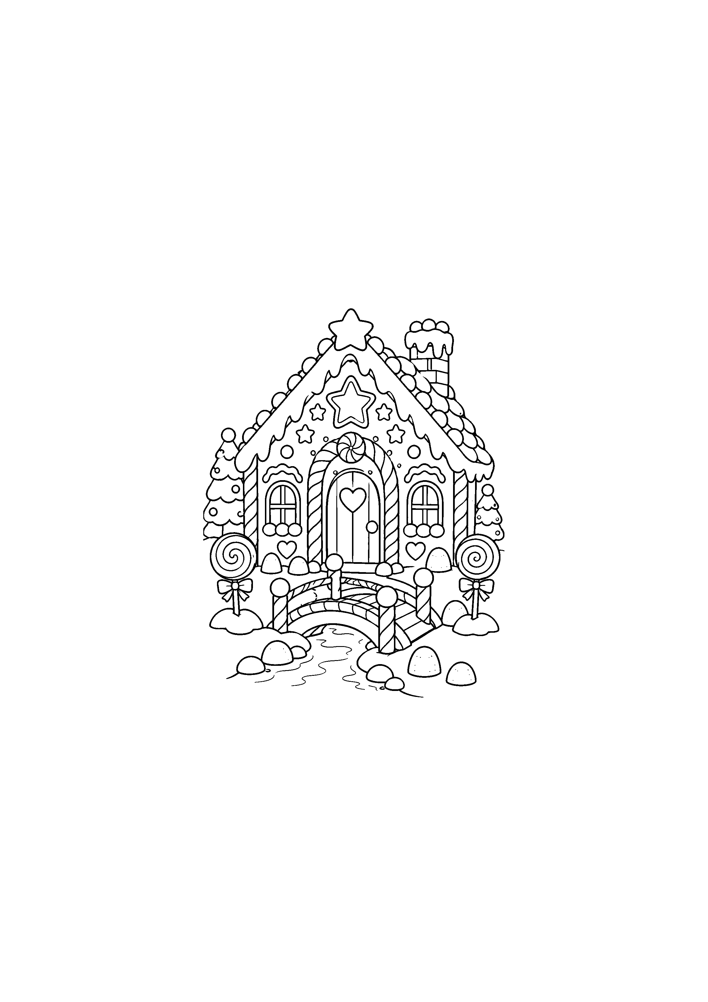 Coloriage Maison détaillée avec arche et petit pont de Noël à imprimer gratuitement