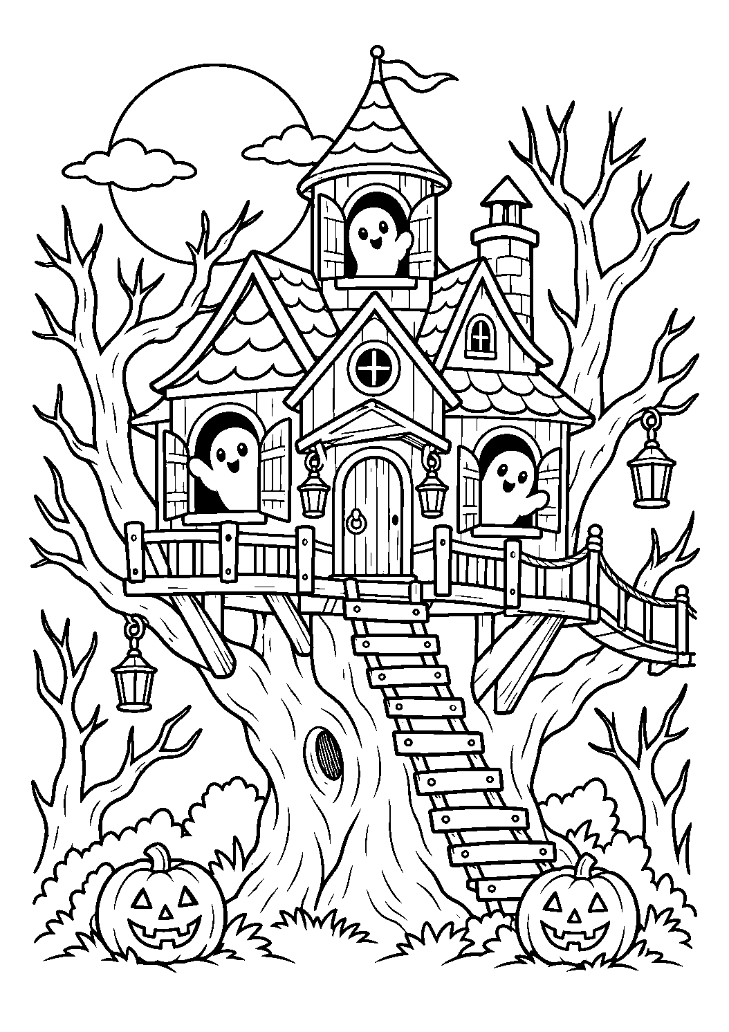 Maison hantée dans un arbre avec des fantômes aux fenêtres
