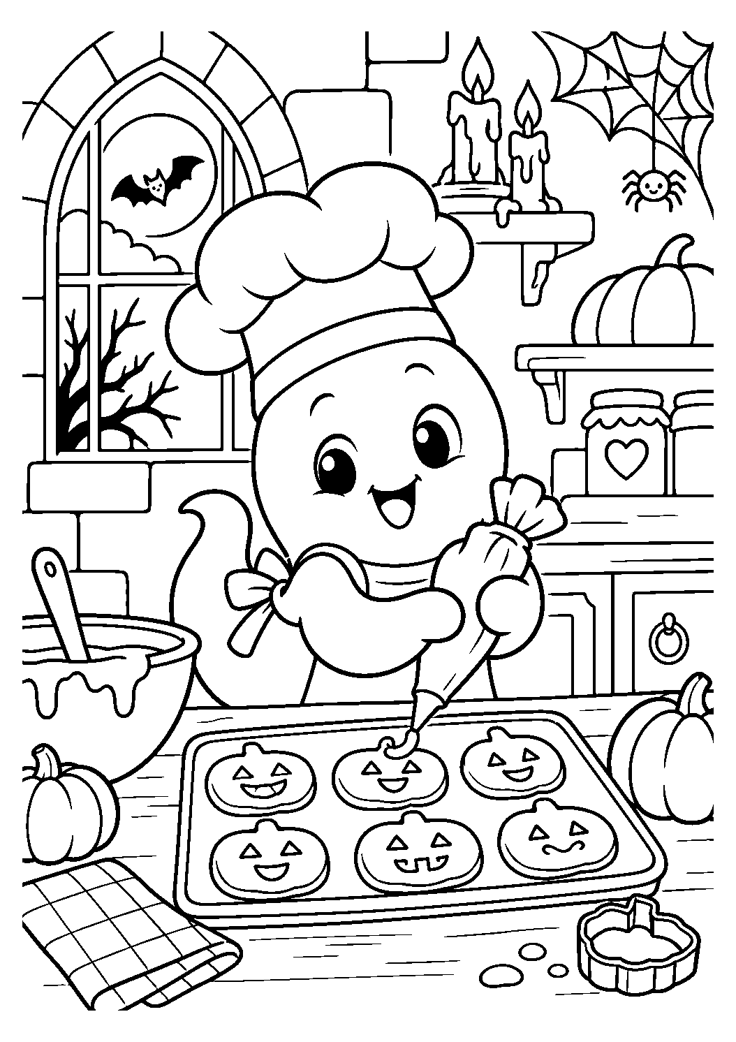Petit fantôme cuisinier préparant des biscuits citrouilles