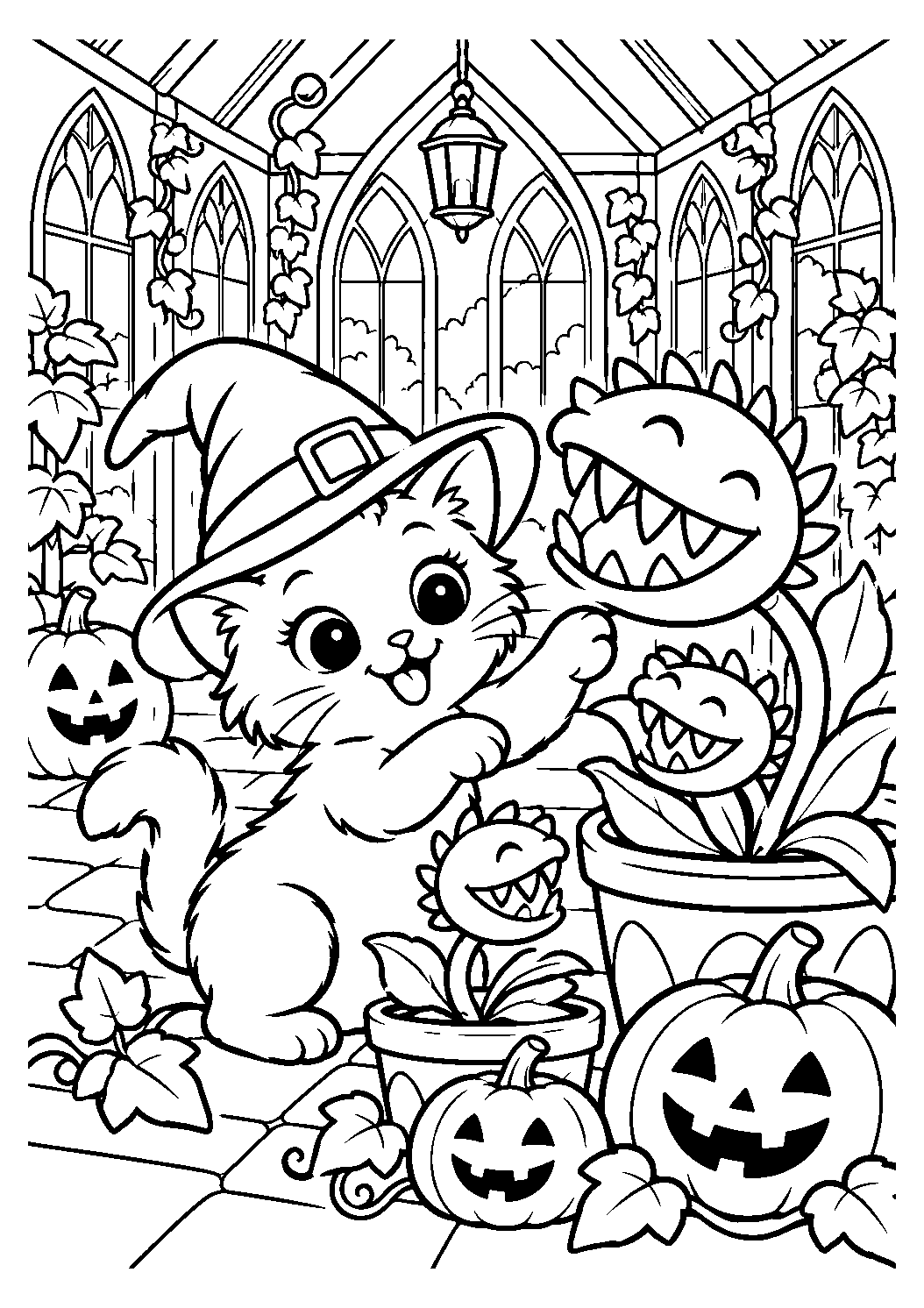 Chat sorcier dans une serre avec des plantes monstres souriantes