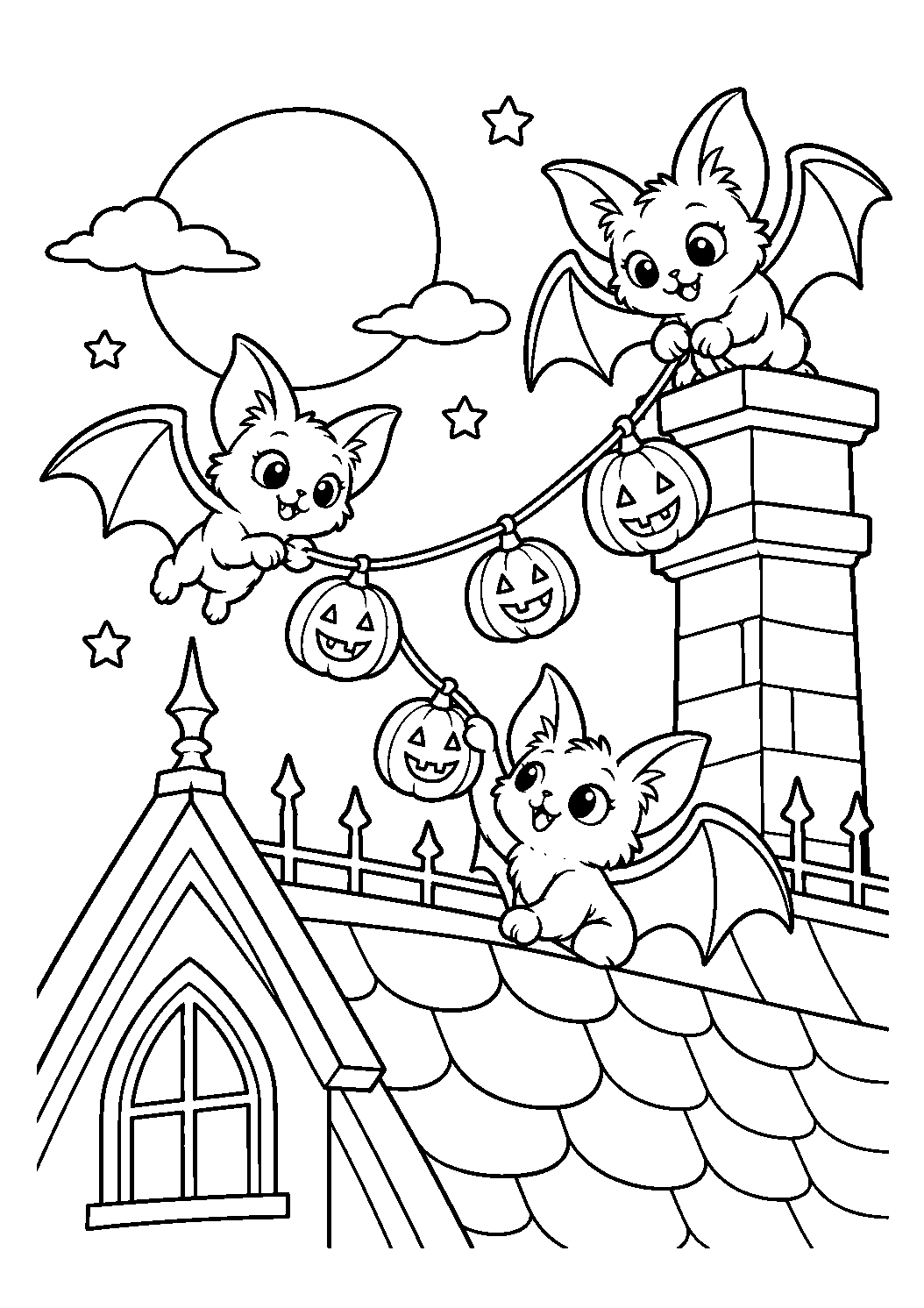 Petites chauves-souris décorant le toit du manoir avec des citrouilles