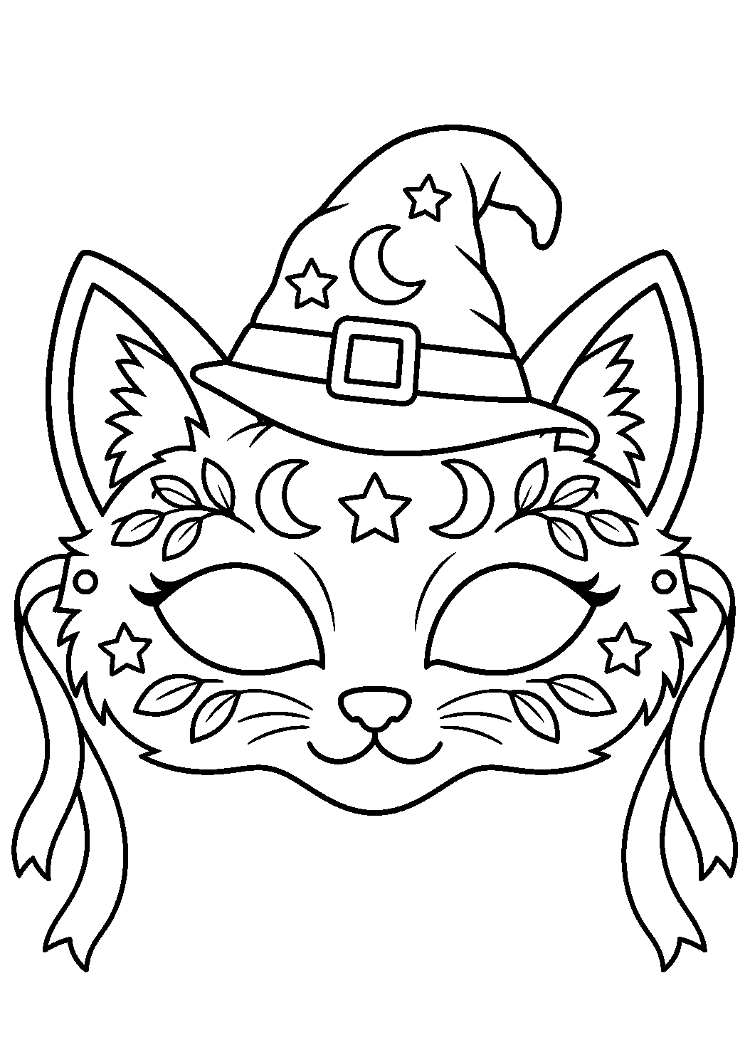 Masque renard sorcier vu de face avec trous pour les yeux et rubans latéraux
