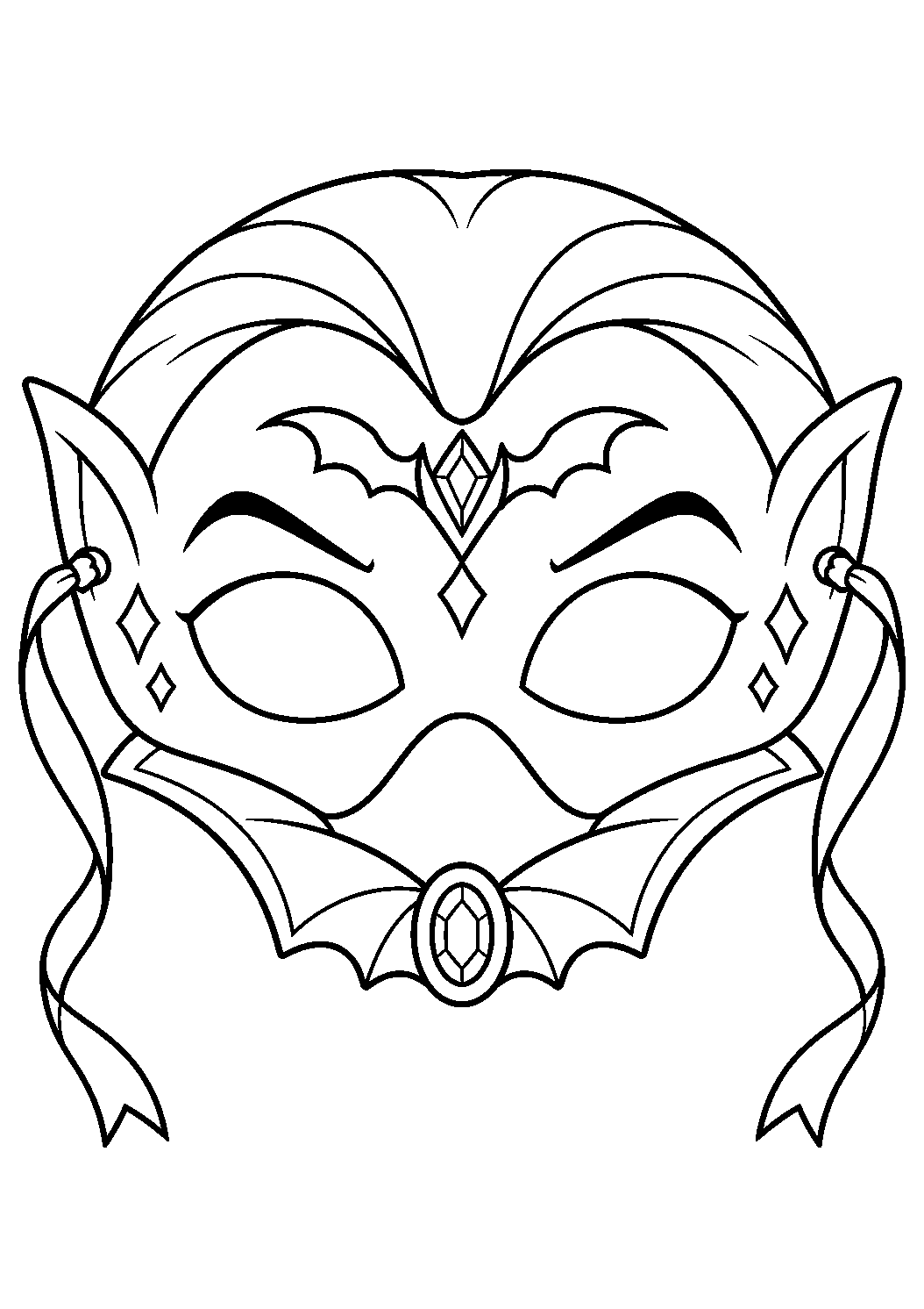 Masque vampire élégant vu de face avec ailes de chauve-souris et rubans