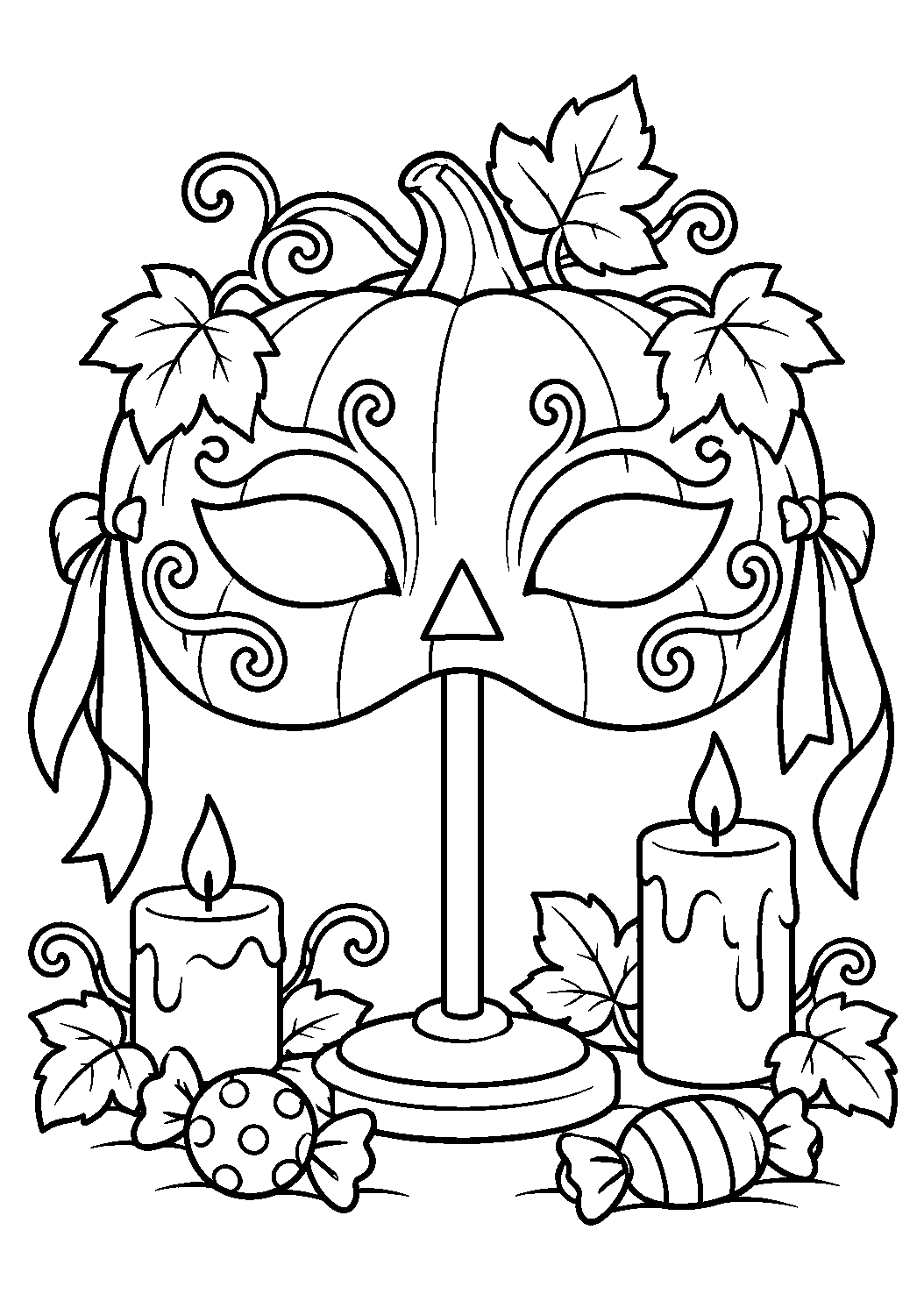 Masque citrouille décoratif posé sur un support avec bougies
