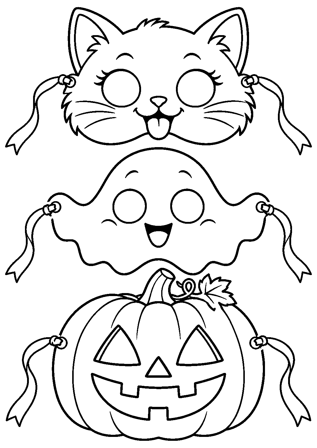 Planche de trois masques chat fantôme et citrouille avec trous pour les yeux