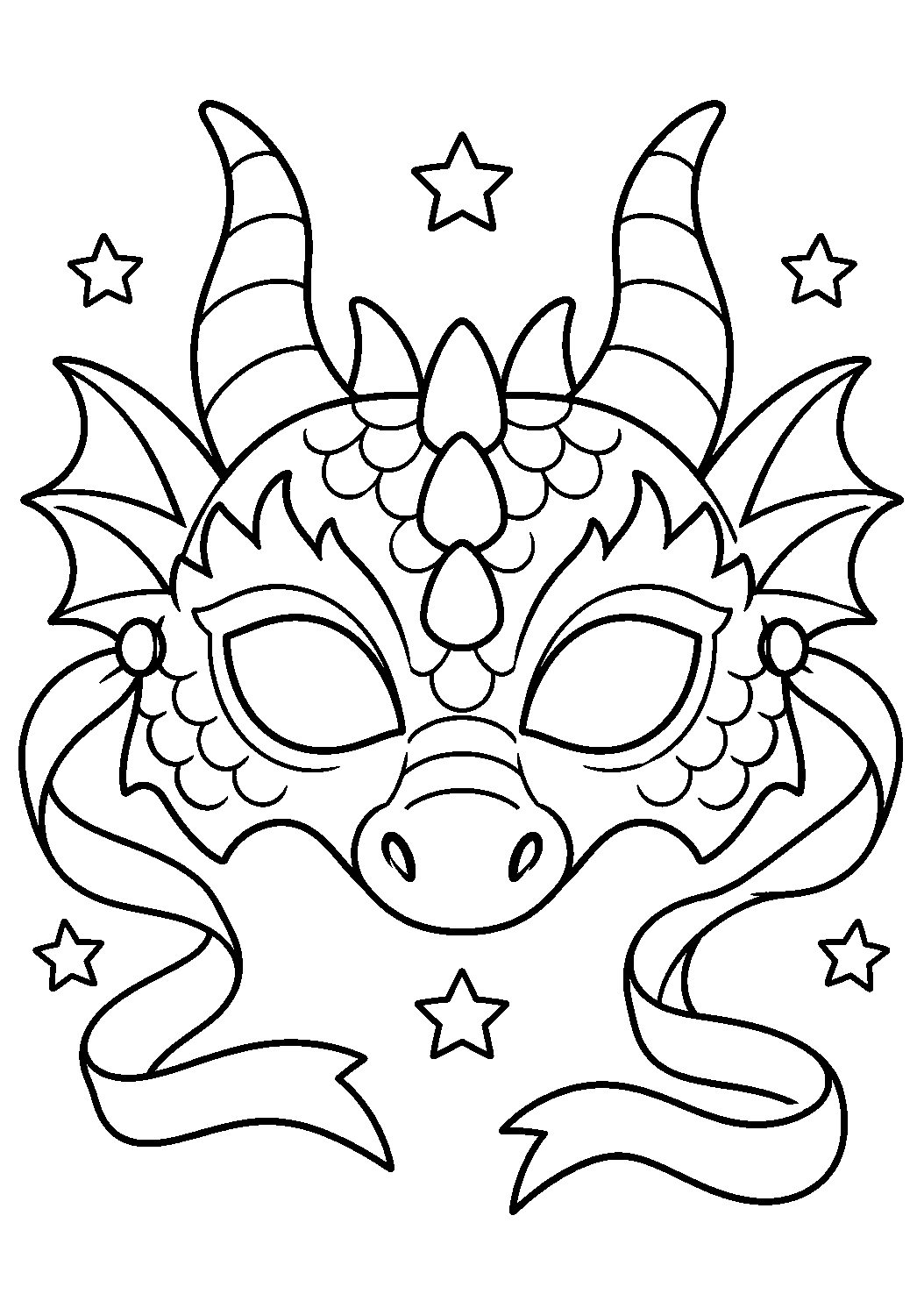 Masque de dragon avec cornes ailes et rubans à colorier