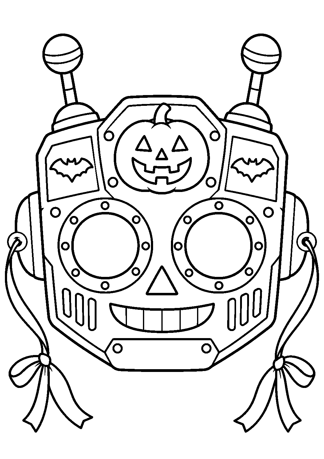 Masque robot Halloween symétrique avec antennes citrouille et rubans