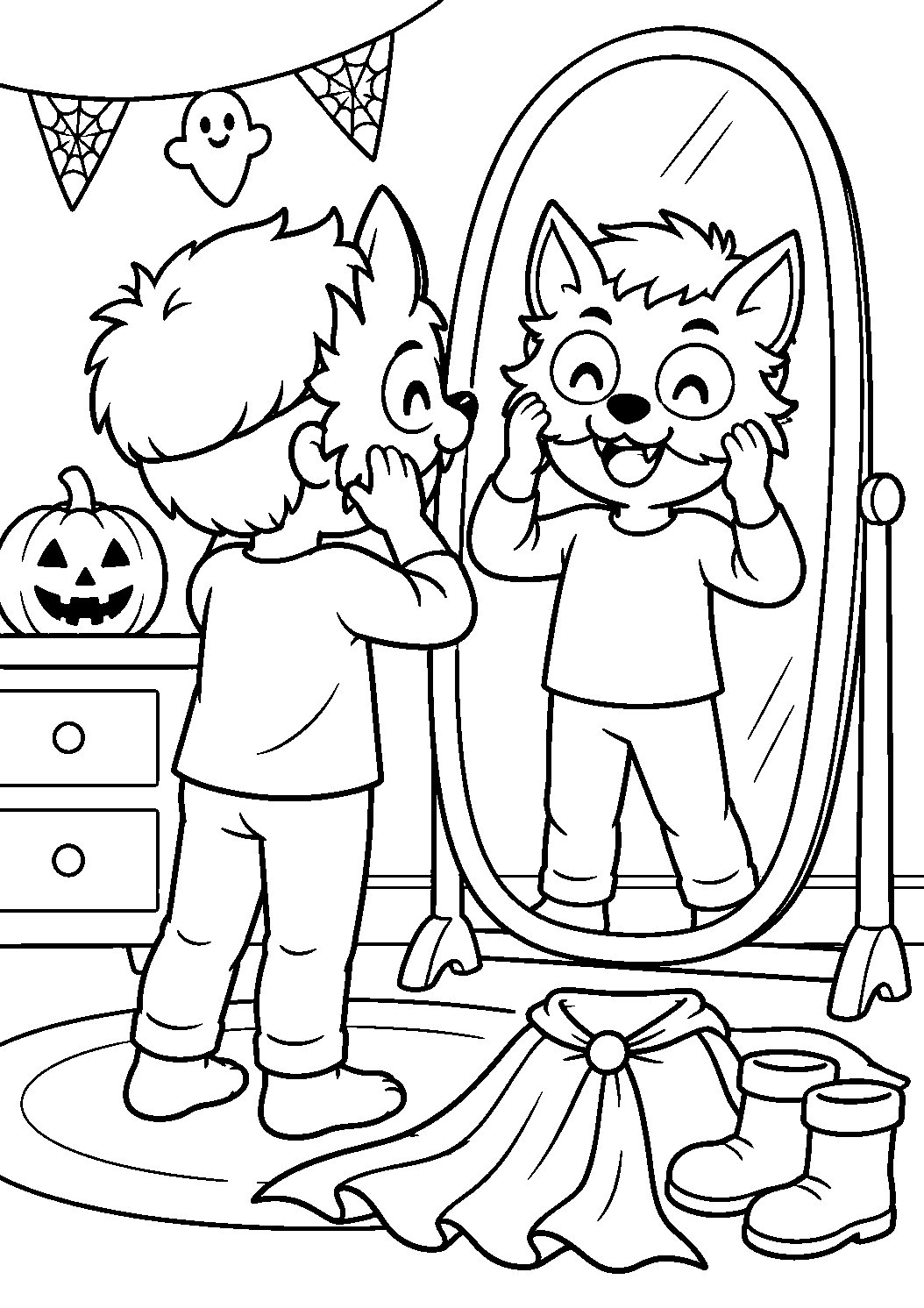 Enfant essayant un masque de loup-garou devant un miroir
