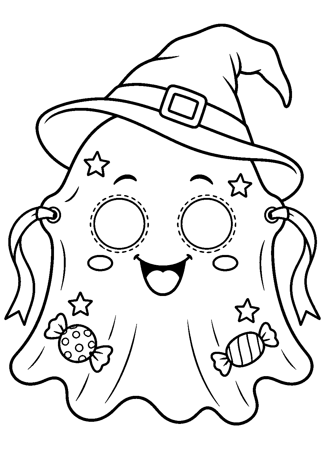 Masque fantôme souriant avec trous pour les yeux bonbons étoiles et rubans