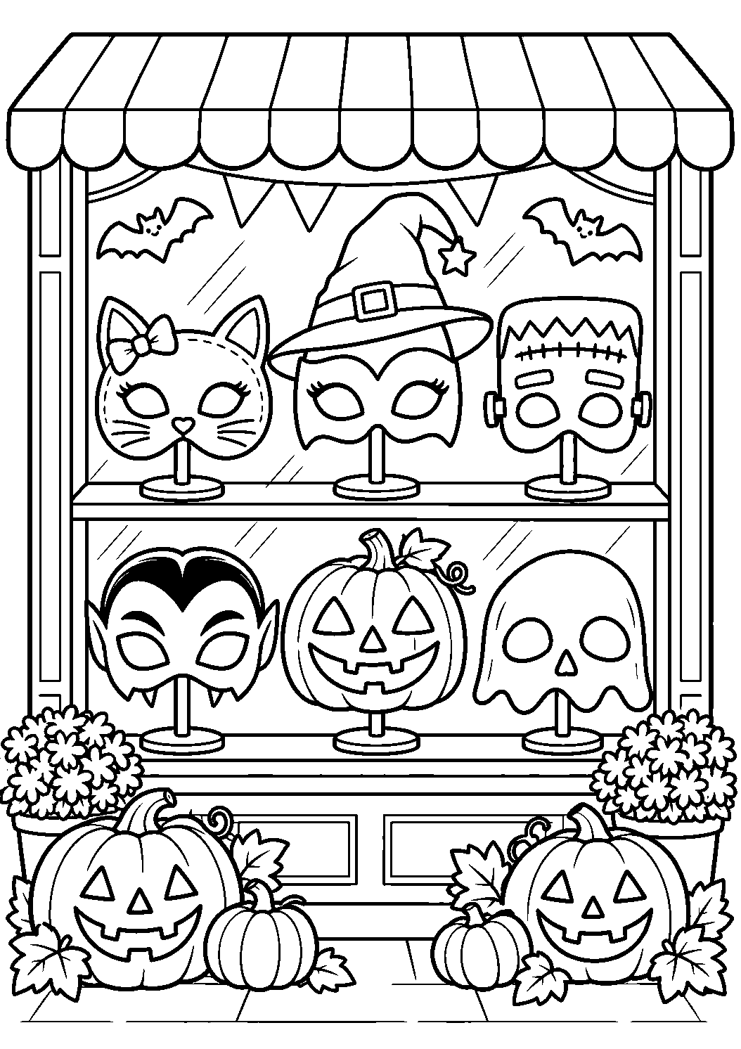 Vitrine présentant six masques d’Halloween sur leurs supports