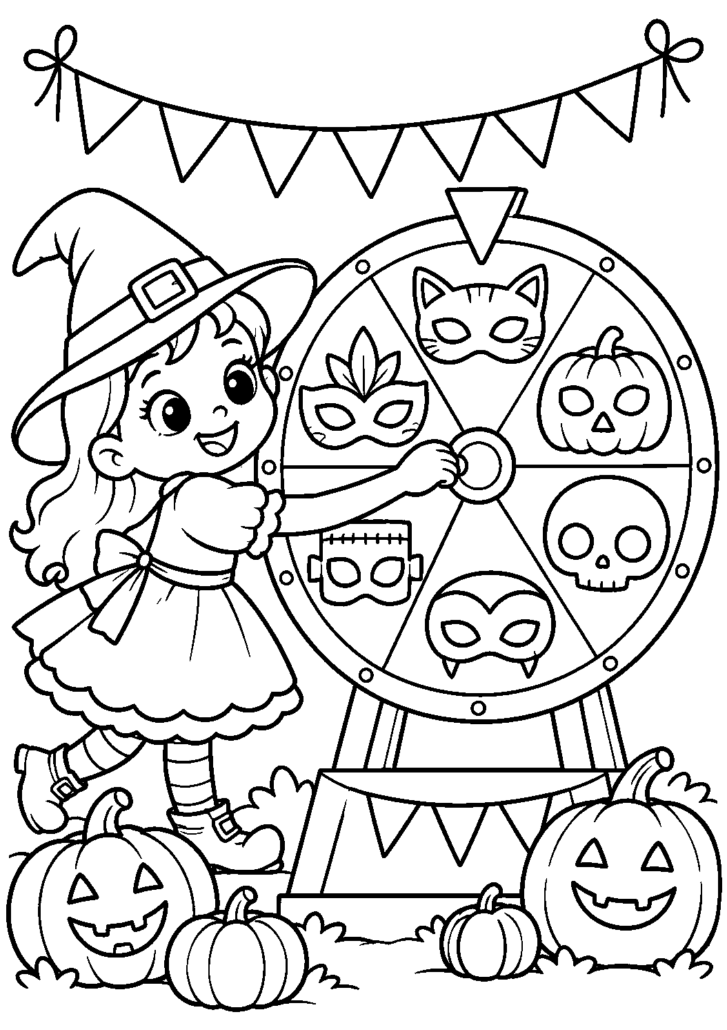 Enfant tournant une roue décorée de masques d’Halloween