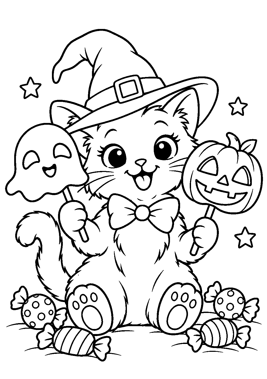 Chat tenant deux petits masques d’Halloween sur des bâtons