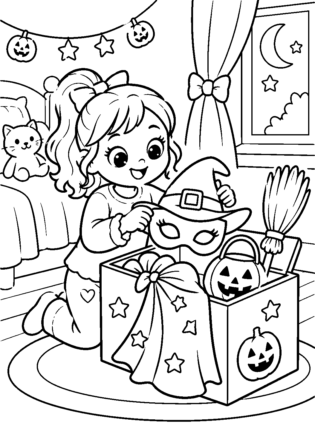 Enfant rangeant un masque de sorcière dans une boîte à costumes