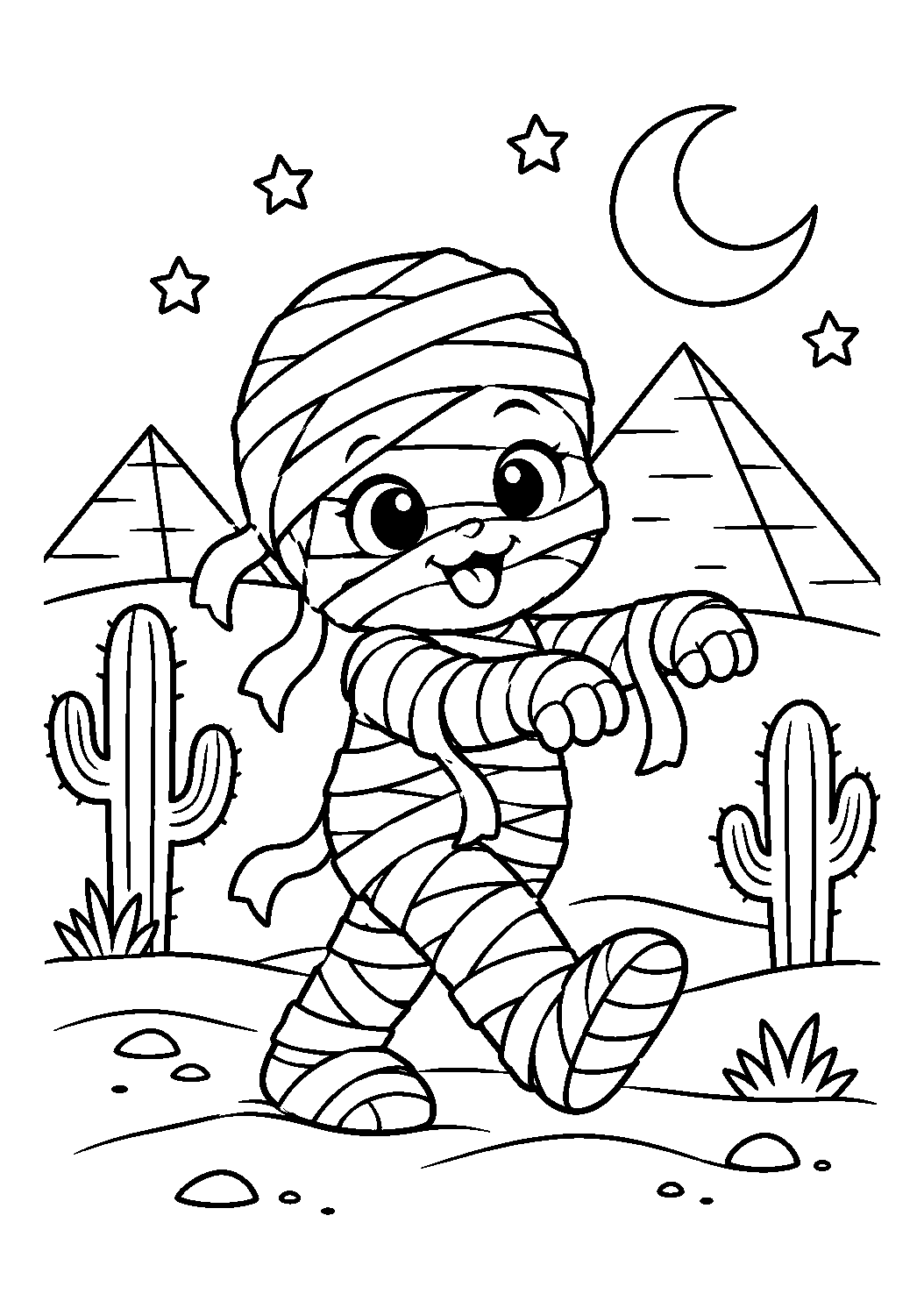 Momie enfant marchant devant des pyramides sous la lune à colorier