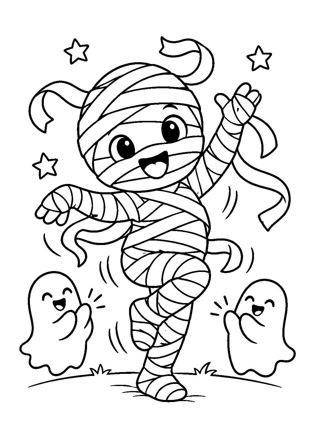 Momie dansante aux bandelettes flottantes avec petits fantômes à colorier